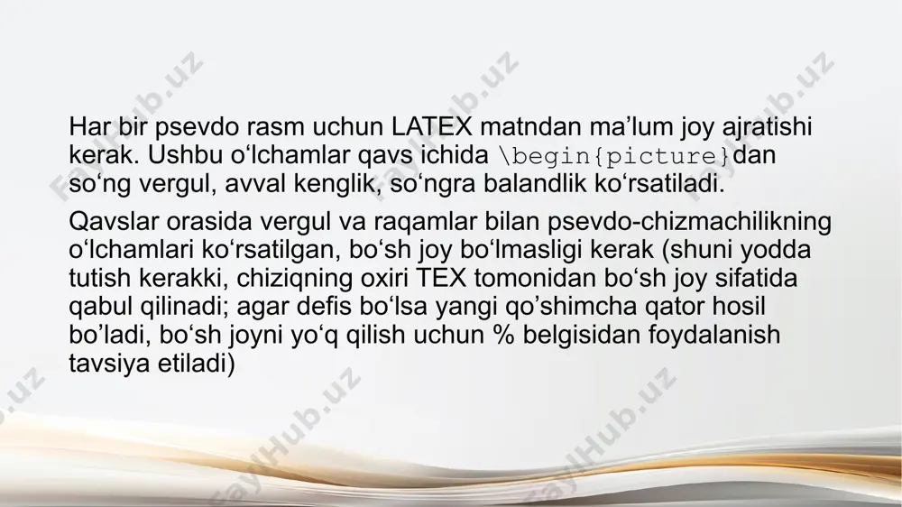 qavslar ichida, majburiydan keyin). yarim ovalni o‘rnatish uchun bu argument quyidagi harflardan biri bo‘lishi kerak: t yuqori yarmi b pastki yarmi r o‘ng yarim l chap yarmi qisqartirilgan ovalning kelib chiqishi tegishli to‘liq ovalning boshlang‘ich nuqtasi qayerda bo’lsa, o‘sha joyda joylashadi. qisqartirilgan tasvirlar bilan rasmga misol: \begin{document} \begin{picture}(100,80) \put(50,40){\oval(80,60)[t]} \put(50,40){\oval(80,60)[br]} \end{picture} \end{document} egri chiziqlar picture muhitidan foydalanishda foydalanuvchi murojaat qilishi mumkin bo’lgan psevdo-chizishda egri chiziqlar - bu kvadratik bezier splinlari deb ataladi. bu \qbezier buyrug‘i yordamida amalga oshiriladi. misol: \begin{document} \begin{picture}(80,80) \qbezier(22,2)(120,20)(20,77) \put(22,2){\circle*{5}} \put(120,20){\circle*{5}} \put(20,77){\circle*{5}} \end{picture} \end{document} \qbezier - dan so‘ng, uchta nuqtaning koordinatalari (bo‘sh joysiz) belgilanishi kerak: boshlang‘ich, opor(tayanch) va oxirgi(nixoyaviy). egri chiziq boshlang‘ich nuqtadan chiqib ketadi, lekin, oxirgi nuqtaga yetib bormaydi, chunki oxirgi nuqtaga yetmasdan o‘girilib, o‘z yo‘lini tugatadi. misolda orentatsiya uchun rasmga ushbu uchta nuqta - qora rangdagi doiralar qo‘yilgan. tex egri chiziqlarni chizishida qoida mavjud emas: bu egri chiziqlar shunchaki yuzlab qora kvadratlardan iborat. latexga murojaat …