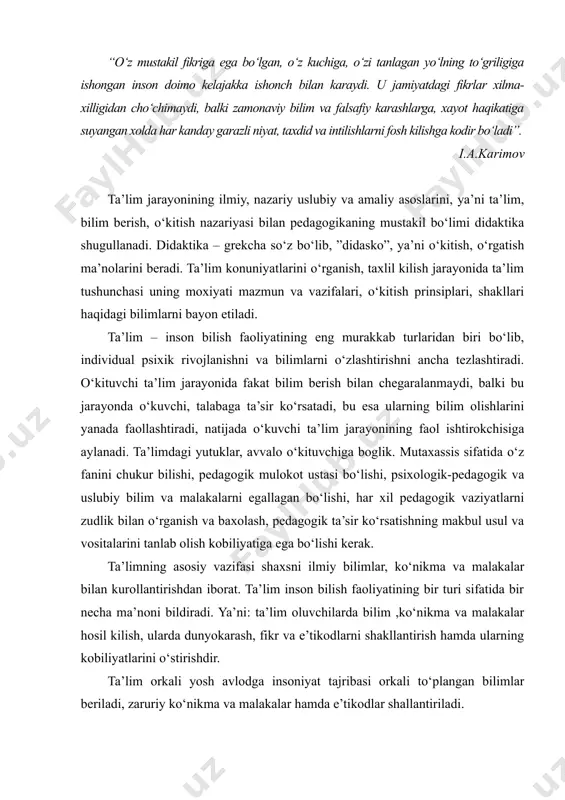 m inson bilish faoliyatining bir turi sifatida bir necha ma’noni bildiradi. ya’ni: ta’lim oluvchilarda bilim ,ko‘nikma va malakalar hosil kilish, ularda dunyokarash, fikr va e’tikodlarni shakllantirish hamda ularning kobiliyatlarini o‘stirishdir. ta’lim orkali yosh avlodga insoniyat tajribasi orkali to‘plangan bilimlar beriladi, zaruriy ko‘nikma va malakalar hamda e’tikodlar shallantiriladi. ta’lim o‘kituvchi va o‘kuvchilarning birgalikdagi faoliyati bo‘lib, u ikki tomonlama harakterga ega, ya’ni unda ikki tomon o‘kituvchi va o‘kuvchi faol ishtirok etadi. o‘kituvchi anik maksadni ko‘zlab, reja va dastur asosida bilim, ko‘nikma va malakalarni singdiradi, o‘kuvchi esa uni faol o‘zlashtirib oladi. bildirish, bilish murakkab, kiyin, ziddiyatli jarayondir. bu jarayonda inson psixikasiga tegishli sezgi, idrok, tasavvur va tafakkur kabi jarayonlar faol ishtirok etadi va muxim rol o‘ynaydi. ta’lim berish, yoshlarga bilim berish, ularda ko‘nikma va malakalarni hosil kilish, yangi haqikatlarni ocha olishga kodir bo‘lgan ijodiy mantikiy tafakkurni tarbiyalashdir. ta’lim o‘kuvchi-talabalarning o‘zlashtirish, o‘zida bilish kobiliyatlarini hamda fikrlash operatsiyalari va harakatlarini hosil kilish jarayonidir. bu passiv …