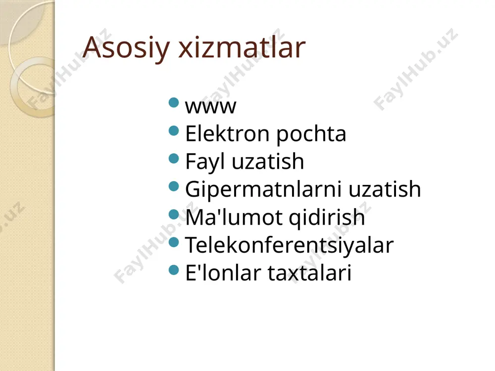 glarni qidirish odamlar tomonidan yaratilgan, daraxtga o'xshash qidiruv tizimidan foydalaning; veb-sahifalarning kichik qamrovi; yuzaki, umumiy, ixtisoslashgan bo'lmagan qidiruv uchun qulay (fan - fizika - atom yadrosi - ...) yahoo! - butun dunyo (rus tilini qo'llab-quvvatlamaydi) yandex - rossiya va mdh (eng katta katalog) aport - rossiya va mdh (o'rta katalog, qulay) qidiruv indekslari (ko'rsatkichlar) avtomatik ravishda tuzilgan va kalit so'zlardan foydalaning google - butun dunyo altavista - butun dunyo yandex - rossiya va mdh rambler - rossiya va mdh (mashhur) aport - rossiya va mdh e'lonlar taxtalari e'lonlar joylashtirilgan individual server xotirasi. bir nechta alohida telefon kanallari ulangan. abonent menyu tizimiga kiradi, bo'limni tanlaydi, o'zi uchun ma'lumotni qayta yozadi yoki ma'lum bir foydalanuvchi uchun xabar qoldiradi. telekonferentsiyalar muayyan mavzular bo'yicha elektron xabarlar almashinuvi. xabarlar oldindan tayyorlanadi, kerakli xabarlar (mavzular) mavzusi ko'rsatiladi. ishtirokchi server bilan bog'lanadi. kompyuter yozma xabarlarni uzatadi va yangilarini oladi. video (veb-kamera) yordamida real vaqt rejimida konferentsiya o'tkazishingiz …