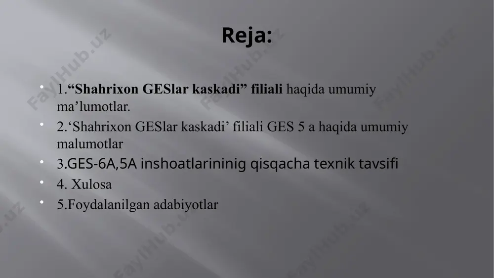 nsiya 5,5 gektar maydonni egallaydi.ishga qabul qilingan sana – 1949 yil.elektr stantsiyasining turi – derivasion.tuzilmalarning kapital sinfi – iii.seysmiklik – 9 ball.o'rnatilgan quvvat – 11,4 mvt.gidroturbina bosimi:maksimal – 35,5 m.taxminiy – 34,5 m.minimal – 33,96 m.ges orqali iste'mol:taxminiy – 44 m3/s.minimal – 10 m3/s.turbinalar orqali oqim tezligi – 20 m3/sbosh suv belgisi:mpu – 563,00 m.fuv – 562,00 m.npu – 561,60 m.birliklar soni – 2 dona. ikki xil turdagi ingliz birliklari:- 1-sonli ro 780/1900 gidravlik turbinali blokning turi.- 2-sonli ro 1170/178 gidravlik turbinali blokning turi.- №1 blokning generator turi vertikal soyabon versiyasi “englishelectric”, ser.no:rg-3252/4.- № 2 blokning generator turi vertikal to‘xtatilgan versiyasi “vickers”, seriya no: 260328/1/51.oraliq tayanchlarda ochiq yotqizishda tayyor perchinli bog‘lamlardan ikkita metall quvur liniyasi. chapipning uzunligi 73,8 m, o‘ng ipning uzunligi 69,0 m. diametri – 3,2 m. ges-6a inshoatlarininig qisqacha texnik tavsifi ges-6a shahrixonsoy kanalida joylashgan bo‘lib, kaskadning birinchi bosqichi va tayanch stansiyasi hisoblanadi. stansiya 2,2 gektar maydonni egallaydi. …