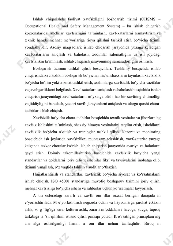 h va standartlar: xavfsizlik bo‘yicha siyosat va ko‘rsatmalarni ishlab chiqish, iso 45001 standartiga muvofiq boshqaruv tizimini joriy qilish, mehnat xavfsizligi bo‘yicha ishchi va rahbarlar uchun ko‘rsatmalar tayyorlash. a tm osferadagi zararli va xavfli om illar ruxsat berilgan darajada m e’yorlashtiriladi. m e’yorlashtirish negizida odam va hayvonlarga jarohat etkazm aslik, so g ’lig’iga zarar keltirm aslik, zararli m oddalam i havoga, suvga, tuproq tarkibiga ta ’sir qilishini istisno qilish prinsipi yotadi. k o’rsatilgan prinsiplam ing am alga oshirilganligi hamm a om illar uchun taalluqlidir. biroq m e’yorlashtiriladigan param etrlarning qiym atlari m oddaning turiga bog’liq bo’ladi. shunday qilib, m ikroiqlim param etrlarining m e’yorlashtirish prinsipi negizida (harakat,nam lik, havo tezligi, nur intensivligi va boshqalar)ning ruxsat etilgan k o ’rsatkichlari yotadi. q ishloq x o ’jaligida titrab ishlaydigan ho’l m ashinalari ju d a ko’p ishlatiladi, ulam ing insonga zarar ko’rsatish darajasi, titrash (11-2800 gs) oralig’ida aniqlanadi. sanitariya m e ’yorlarida sm …