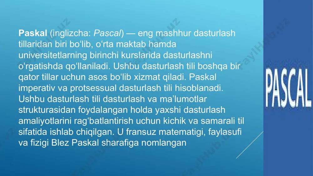 an bir qatorda 2003-yildan hozirgacha qoʻllanilayotgan shu nomga ega bo'lgan. object pascal — pascal tilidan bir qancha kengaytirishlar va toʻldirishlar orqali kelib chiqqan boʻlib, u ob’yektga yoʻnaltirilgan dasturlash tili hisoblanadi. delphi — paskal dasturlash tilining rivojlangan davomchisi boʻlmish turbo paskal tilining rivojlanishi natijasi hisoblanadi. paskal tilida butunlay proceduralar yordamida dasturlar tuzilgan. turbo paskal 5.5-sonidan boshlab obyektga moʻljallangan xususiyatlarni qoʻshdi, delphi — obyektga moʻljallangan dasturlash tili esa introspekiyani, yaʼni metodli klasslari xususiyatlari hamda ulardan tashkil topuvchilarining kompilyatsiya kodi tarkibiga qoʻshdi. ( e`tiboringiz uchun rahmat... image1.jpg image2.jpeg image3.jpeg image4.jpg image5.jpg image6.png /docprops/thumbnail.jpeg