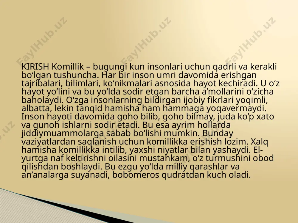 minlovchi diniy marosimchilik – xatna, ramazon hayiti, qurbonlik va qurbon hayiti, mavlud, ashuro va boshqalar ham shakllangan. bundan tashqari, mahalliy halqlarda islomgacha mavjud bо‘lgan urf-odatlar, jumladan kinna soldirish, fol ochirish, dam soldirish, muqaddas joylarga, avliyolarga sig‘inish kabi odatlar ham islom marosimlariga moslashib ketgan.islom ma’naviyatining qirralari rango-rang va mohiyatan terandir. qur’oni karim oyatlarida, avvalo insonning yer yuzida xalifa ekanligining bir necha qayta ta’kidlanishi islom ma’naviyatining eng ulug‘ qadriyatlaridandir. qur’oni karimning juda kо‘p oyatlarida insonning aziz va mukarram qilib yaratilgani, unga yeru osmondagi barcha narsalar bо‘ysundirib qо‘yilganligi alohida uqtirib о‘tiladi. hadislar islom dinida qur’ondan keyingi muqaddas manba. hadislar tо‘plami “sunnat” deb ataladi. hadisi shariflarda muhammad alayhissalomning sо‘zlari, qilgan ish faoliyatlari va sahobalar tomonidan amalga oshirilgan ishlarga munosabatlari bayon etilgan. hadisi shariflarni yig‘ib kitob shakliga keltirish, asosan payg‘ambarimiz alayhissalomning vafotlaridan keyin amalga oshirilgan. keyingi ix asr hadis ilmining “oltin asri”deb shuhrat qozongan. chunki bu asrda hadislarni tо‘plash davri о‘tib, endi ularni manbashunoslik va …