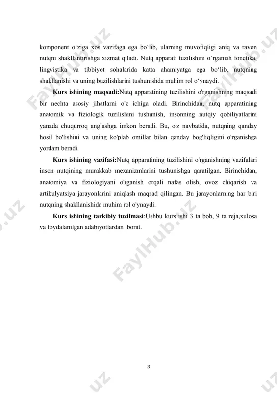 lardan iborat. i.bob.nutq apparatining umumiy tuzilishi. 1.1.nutq apparatining ahamiyati va uning inson muloqotidagi roli. nutq apparati inson muloqotida muhim rol o‘ynaydi. u nutq jarayonini amalga oshirish uchun zarur bo‘lgan anatomik va fiziologik tuzilmalardan iborat. nutq apparati, asosan, ovoz chiqarish, so‘zlarni ifoda etish va muloqot qilish jarayonlarida ishtirok etadi. ushbu apparatga til, lablar, og‘iz, yumshoq tanglay, qattiq tanglay, bo‘yin va nafas olish tizimi kiradi. har bir qismning o‘ziga xos vazifalari bor va ular birgalikda inson nutqini hosil qiladi. nutq apparatining ahamiyati shundaki, u nafaqat ovoz chiqarishda, balki so‘zlarni to‘g‘ri talaffuz qilishda va ularni mantiqiy ravishda bir-biriga bog‘lashda ham muhimdir.nutq apparati insonning o‘z fikrlarini, his-tuyg‘ularini va g‘oyalarini boshqalar bilan ifoda etish uchun zarurdir. inson muloqoti asosan nutq orqali amalga oshiriladi, bu esa odamlarning bir-biri bilan aloqalarini o‘rnatish, o‘zaro tushunish va ijtimoiy aloqalarni kuchaytirish imkoniyatini beradi. nutq apparati orqali insonlar o‘z fikrlarini aniq, ravon va mantiqiy ravishda ifoda etish imkoniyatiga ega bo‘ladilar. bu …