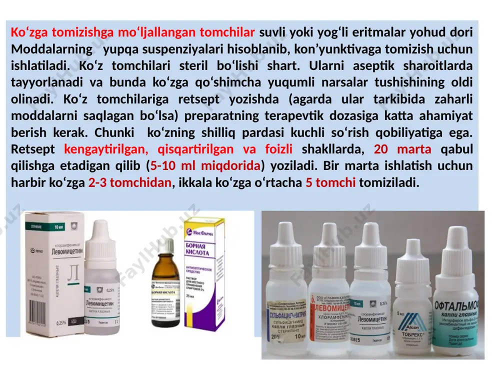 sp. hydrocortisoni acetatis 0,5% - 10 ml. d.s. по 2 капли в глаз 4 раза в день. rp.: suspensionis griseofulvini 100 ml d.s. 1 desert qoshiqdan kuniga 3 mahal ichilsin. ishlatishdan oldin chayqatilsin! in’eksiya uchun ishlatiladigan dori shakllari in’eksiyaning afzalliklari: 1) tez ta’sir qiladi, chunki dori teri ostiga va mushak orasiga yuborilganda tez so‘riladi, vena va arteriya orqali yuborilganda esa dori moddaning hammasi birdaniga qonga tushadi; 2) dori moddalar oshqozon-ichak yo‘lini va jigarni chetlab o‘tadi (u erdagi fermentlar dorilarning faolligini susaytiruvchi xossaga ega); 3) dori moddalari aniq dozalanadi. ампуладаги дориларга рецептлар ёзиш ампуладаги қуруқ моддага rp.: vincristini 0,005 d.t.d.n. 6 in ampullis s. содержимое ампулы растворить в 5 мл воды для инъекций, вводить внутривенно 1 раз в неделю. # rp.: streptoliasi 250000 ed d.t.d.n. 6 in ampullis s. содержимое ампулы растворить в 100 мл 5% раствора глюкозы, вводить внутривенно капельно. эритма ампулаларда rp.: solutionis novocaini 0,5% - 2 ml. d.t.d.n. …