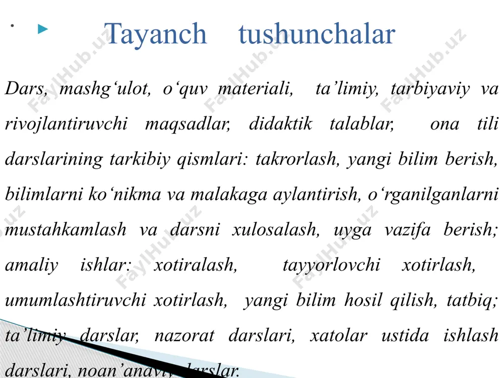 larni o‘z ichiga oladi. o‘rganilganlarni takrorlash darslari bir necha soat davomida egallangan bilim, ko‘nikma va malakalarni mukammallashtirishni nazarda tutadi. xatolar ustida ishlash darslari o‘quvchilar nutqida yo‘l qo‘yilgan xato va kamchiliklarni bartaraf etishni ko‘zlaydi. ona tili mashg‘ulotlarida nafaqat xatoning oldi olinadi, balki yo‘l qo‘yilgan xato va kamchiliklar bartaraf ham etiladi. . . 0‘zbek tilidan nazorat darslari. nazorat darslari o‘quvchilarning o‘rganilgan materiallarni o‘zlashtirganlik darajasini aniqlash, yo‘l qo‘yilgan imloviy, punktuatsion va nutqiy xatolarni aniqlash maqsadida o‘tkaziladi. 0‘zbek tili (ona tili) dan nazorat darslarini uch turga ajratish mumkin: 1. til hodisalarining o‘zlashtirilganlik darajasi ustidan nazorat. 2. o‘quvchilarning imloviy va punktuatsion savodxonligi ustidan nazorat. 3. nutqiy malakalarning egallanganlik darajasi ustidan nazorat. ijodiy diktant ijodiy diktant o‘quvchilar nutqini o‘stirishda, orfografik ko‘nikmalarini shakllantirishda katta ahamiyatga ega. ijodiy diktantda so‘zlar soni odatdagi me’yordan kamroq bo‘ladi, chunki o‘quvchilar o‘zlari ijod qilib, matnni to‘ldiradilar. saylanma diktant saylanma diktantda o‘quvchi gapni to‘liq yozmaydi, balki gap tarkibidagi ayrim so‘z yoki so‘z birikmalarini …