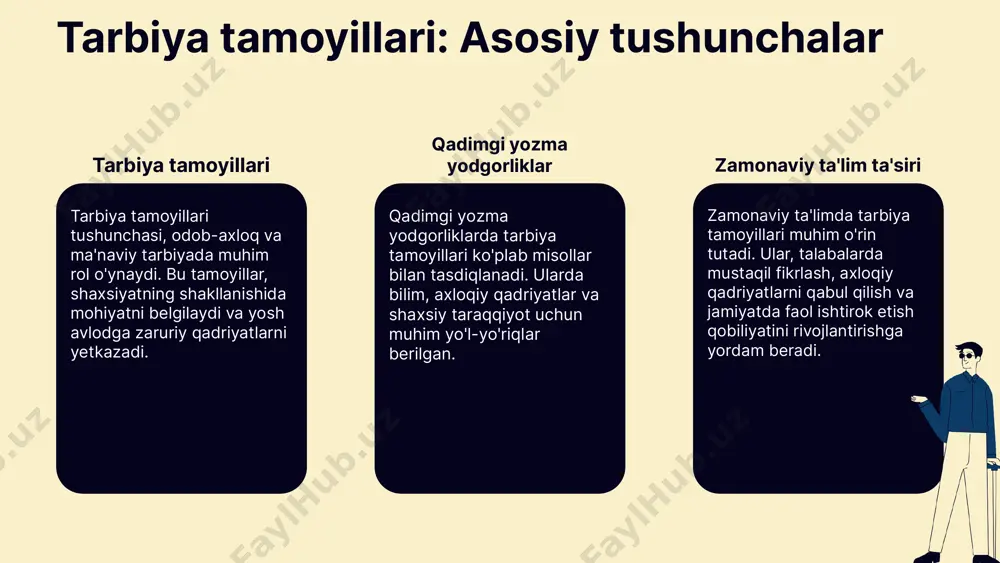 xda o'z ifodasini topadi. yozma yodgorliklar qadimgi yozma yodgorliklarda tarbiyaviy qadriyatlar ko'plab misollar bilan namoyon bo'ladi. masalan, alisher navoiyning asarlarida, axloqiy qadriyatlar, vatanparvarlik, va ilmga bo'lgan hurmat kabi tushunchalar muhim o'rin egallaydi. asosiy tushunchalar asosiy tushunchalar: tarbiyaviy qadriyatlar, tarbiya jarayoni, ilm, axloq, va madaniyat. ushbu tushunchalar tarbiyaviy qadriyatlarni tushunishda va ulardan foydalanishda muhimdir. jamiyatdagi roli tarbiyaviy qadriyatlar jamiyatda ijtimoiy munosabatlar, axloqiy me'yorlar va madaniy merosni shakllantirishda muhim ahamiyatga ega. ular avlodlar o'rtasida tajriba va bilim almashinishini ta'minlaydi. yozma yodgorliklar: tarbiyaviy qadriyatlar tahlili yozma yodgorliklarda tarbiyaviy qadriyatlar tahlili: - yozma yodgorliklar, odamlarning tarbiya va ta'limga bo'lgan yondashuvlarini aks ettiradi. - ular zamonaviy ta'lim tizimiga ta'sir ko'rsatadi, masalan, qadriyatlar va urf-odatlar orqali. - tarbiyaviy qadriyatlar, insoniyat madaniyatining asosi bo'lib, ularning ahamiyati ta'lim jarayonida namoyon bo'ladi. photo by andrew neel on unsplash tarbiyaviy qadriyatlar: amaliy tatbiq tarbiyaviy qadriyatlarning amaliy tatbiqi ta'lim jarayonida muhim o'rin tutadi. ular zamonaviy ta'limda o'quvchilarning tarbiyasiga ijobiy ta'sir ko'rsatadi, …