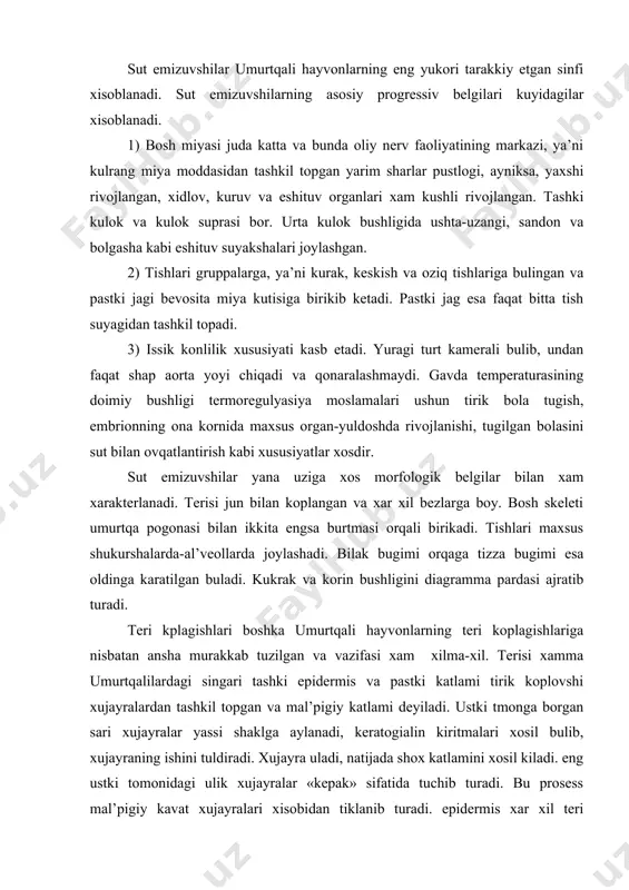 lib, xujayraning ishini tuldiradi. xujayra uladi, natijada shox katlamini xosil kiladi. eng ustki tomonidagi ulik xujayralar «kepak» sifatida tuchib turadi. bu prosess mal’pigiy kavat xujayralari xisobidan tiklanib turadi. epidermis xar xil teri xosilalarini-sosh, tirnok, shangal tirnok, tuyok, kavak shox, tangasha va bezlarni beradi. epidermisning shox xosilalariga yana tangashalar kiradi. sut emizuvshilarning tangashalari uzining tuzilishi va kelib chiqishiga kura sudralib yuruvshilarning shox tangashalariga uxshash buladi. tangasha yasherlarida kushli rivojlangan. kemiruvshilarning barmoklari va dumlari xam tangasha bilan koplangan. tuzilishiga kura bir xil bulgan shangal tirnok va tuyok turli darrandalarda yashash sharoitiga karab xar xil rivojlangan. bularning xammasi kattik shox plastinkadan va yumshok barmok yostikshasidan tashkil topgan. shox xosilalarga yana xukizlarning, kuy va eshkilarning shoxi kiradi. bu hayvonlarning shoxi epidermisdan rivojlanadi va peshona suyagiga quchilib ketadi. bugularning shoxi esa teri xisobidan tarakkiy etadi va suyak tukimasidan tuzilgan. sut emizuvshilarning terisi tuzilishi va vazifasi jixatidan xar xil bulgan bezlarga boy buladi. teri bezlari epidermis …