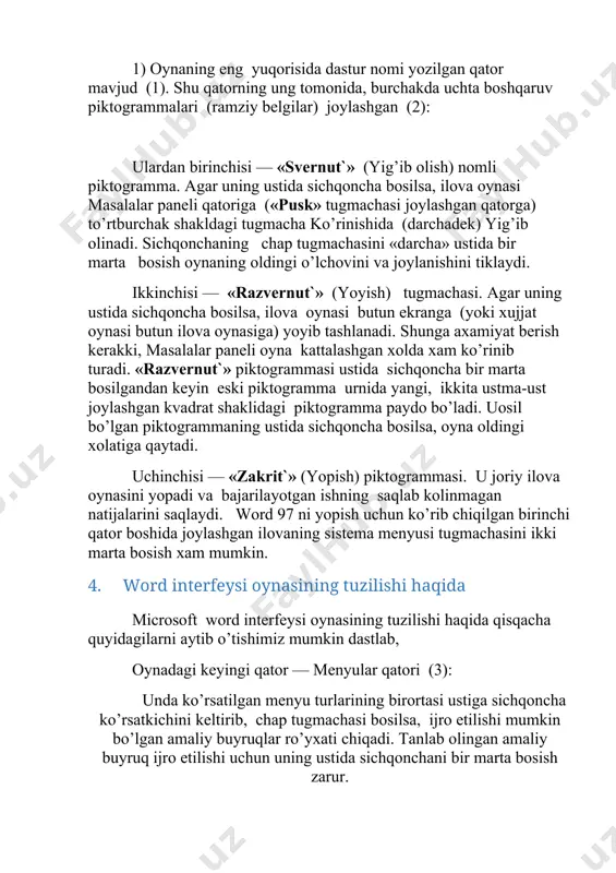 gorizontal tasmada joylashgan chap tomondagi uchburchak ustida sichqonchaning ko’rsatkichi bosilsa, xujjatning chap tomoni, ung tomondagi uchburchak ustida sichqonchaning ko’rsatkichi bosilsa — xujjatning ung tomoni ko’rsatiladi. vertikal tasmadagi tepaga va pastga karagan uchburchaklar matnning yunalishlariga mos qismni ko’rsatib berishadi. tasmada joylashgan tugmachalarning ikki chetdagisi mos ravishda oldingi saxifaga o’tish va keyingi saxifaga o’tish amallarini bajaradi. klaviaturada bu amalni page up va page down tugmachalari bajaradi. o’rtada joylashgan tugmacha bosilsa, ekranda quyidagi jadval namoyon bo’ladi (7.3-rasm): 5. oynaning o’ng yuqori burchagidagi joylashgan piktogrammalar haqida oynaning xar bir katakchasi ma`lum bir buyruq piktogrammasidir. mazkur tugmacha shu buyruqlarga tez o’tish uchun ishlatiladi. 3) oynaning quyi qismida xolat qatori (5) joylashgan bo’lib, unda xujjat nechta saxifadan iboratligi, ekranda xujjatning nechanchi saxifasi aks ettirilganligi, kursor nechanchi qator, nechanchi urinda to’rganligi xaqidagi va boshqa ma`lumotlar aks ettiriladi. word oynasi ichida xujjat oynasi joylashgan (7.4-rasm). uning xam eng yuqorisida xujjat nomi aks etgan qator mavjud, burchakda esa sizga …