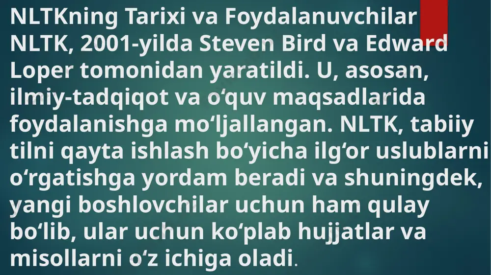 rivojlanishi modellarga odamlar muloqotidagi nuanslarni, jumladan kinoya, omonimlar, hazil va boshqalarni aniq tushunish imkonini berdi nlp ning eng asosiy ilovalaridan ba’zilari: haqiqiy vaqtda til tarjimasi elektron pochta xizmatlaridagi spam filtrlari ovozli yordamchilar va chatbotlar matnni umumlashtirish avtomatik tuzatish xususiyatlari hissiyotlarni tahlil qilish va boshqalar nlpning asosiy vazifalari matnni ajratish va tozalash so‘zlarning ma’nosini aniqlash (lemmatizatsiya va stemming) tilning grammatik tuzilishini tahlil qilish ma’noni anglash (semantik tahlil) matndan ma’lumot ajratish fikr (sentiment) tahlili tarjima va nutq bilan ishlash nlp (natural language processing) texnologiyasi bugungi kunda turli sohalarda keng qo‘llanilmoqda. inson va kompyuter o‘rtasidagi muloqotni soddalashtirish, matn va nutq ustida avtomatik ishlash kabi vazifalar tufayli nlp amaliyotda katta ahamiyat kasb etmoqda. bu texnologiya yordamida matnlar tahlil qilinadi, tarjima qilinadi, hissiy baholanadi, muhim ma’lumotlar ajratib olinadi va avtomatik javob tizimlari yaratilib, odam mehnatini yengillashtirishga xizmat qiladi. ijtimoiy tarmoqlarni tahlil qilish bir kompaniya yangi mahsulot chiqarganidan so‘ng, mijozlarning fikrlarini tahlil qilish uchun nlp asosidagi …