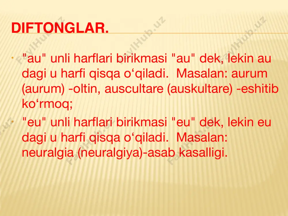 chi musculus, i, m – mushak, muskul nodus, i, m – tugun organum, i, n – organ ,a’zo myocardium, i, n – miokard (yurak mushagi) numerus, i, m – son os, ossis, n – suyak oculus, i, m – ko‘z pp – [pe] qq – [ku] rr – [re] palatinus, a, um – tanglayga oid quadrangularis, e – to‘rt burchakli radix, icis, f – ildiz, tomir pars, partis, f – qism, soha pylorus, i, m – me`daning chiqish qismi quadriceps, cipitis – to‘rt boshli raphe, es, f – chok (yumshoq to‘qimalarda) pectus, oris, n – ko‘krak pulmo, onis, m – o‘pka quadretus, a, um – kvadrat reanimatio, onis, f – hayot va o‘lim o‘rtasidagi holatlarni davolash va oldini olish usullari majmuasi phalanx, ngis, f – barmoq suyaklarining bittasi quartus, a, um – to‘rtinch ren, renis, m – buyrak plica, ae, f – burma profundus, a, um – chuqur quintus, a, …
