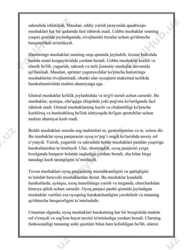yaxshi mashqdir. ushbu mashqni bajarishda tanani yerdan ko'tarilgan holda, tirsaklar va oyoqlar poyida ushlab turish kerak. boshidan oyoqqa qadar to'g'ri chiziqni saqlash muhim. har jihatdan kuch va chidamlilikni oshirishga yordam beradi. eng kamida 30 soniya tutulishi, vaqt o'tishi bilan 1-2 daqiqagacha ko'paytirilishi tavsiya etiladi. 5. **pullo-up (tortuvi-tortish)** pull-up mashqi yuqori bardamlilik va kuch talab qiladi. ushbu mashqni bajarish uchun horizontal bar kerak bo'ladi. barni ushlab, tanani yuqoriga tortib, chinni bar ustiga chiqaring, so'ngra qaytib tushiriladi. 3 to'plam, har biri 5-10 takror, imkoniyatga qarab bajarilishi mumkin. 6. **bench press (gantel yotgan holda press)** bench press yotgan holda bosim dajochutzidan foydalanishni talab qiladi. bu mashq ko'krak va qo'l mushaklarini, ayniqsa triceps va pectoralis mushaklarini rivojlantirish uchun foydali. barbell yoki gantellar bilan bajarilishi mumkin. 3 to'plam, har biri 8-12 takror bilan boshlash mumkin. 7. **dips** dips mashqi triceps, ko'krak va yelka mushaklarini rivojlantirish uchun tavsiya etiladi. buning uchun dip parallel barlar kerak. qo'llar …