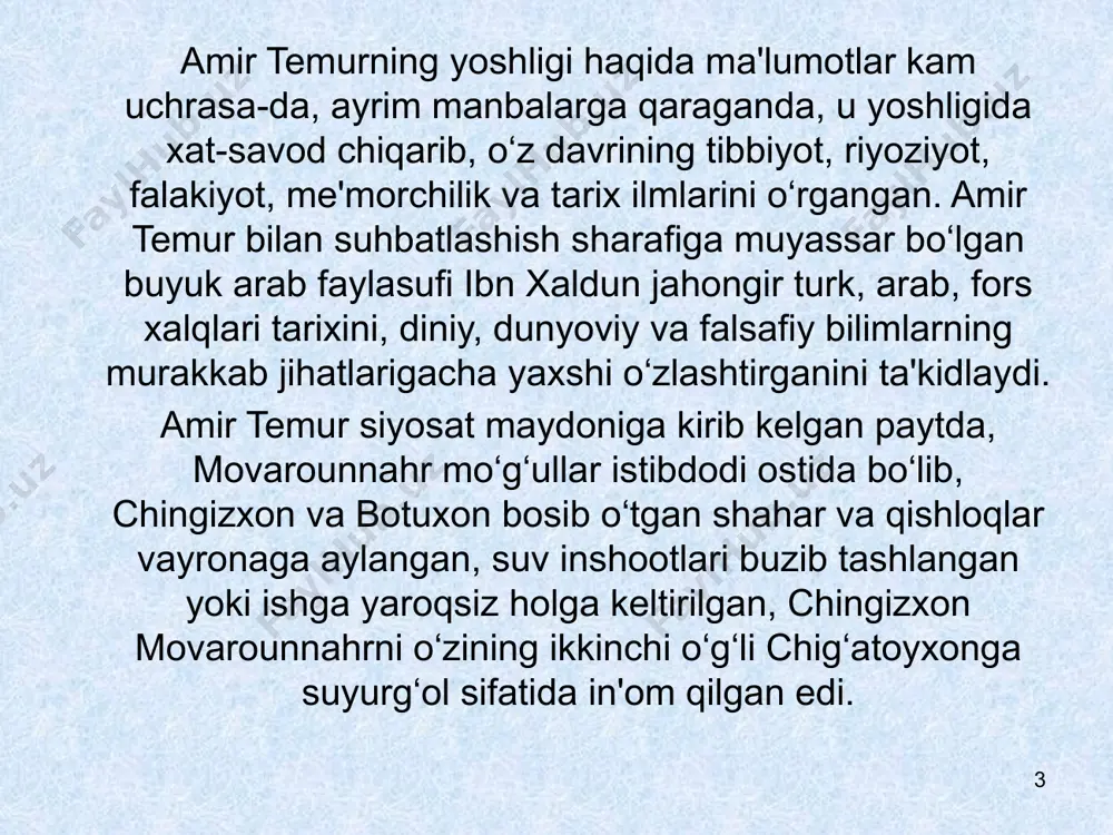 ari joylashgan. 7 sanoati barcha respublikalar sanoatida undiruvchi sanoat tarmoqlarining ahamiyati katta. bu tarmoqlar guruhiga kiruvchi yoqilg’i-energetika, metallurgiya, kimyo sanoatlari salmog’i, ayniqsa, qozog’iston, o’zbekiston, turkmaniston respublikalarida ancha katta. yoqilg’i tarmoqlari orasida neft sanoatining ahamiyati tobora oshib bormoqda. neftni qazib chiqarishda qozog’iston (48 mln.t,), o’zbekiston (7 mln.t.) va turkmaniston (5,5 mln.t.) ajralib turadi. tabiiy gaz qazib chiqarishda bu respublikalarning imkoniyati yanada kattadir. bu borada, ayniqsa, turkmaniston alohida ajralib turadi. gaz zaxiralari hajmiga ko’ra u sobiq ittifoq respublikalari ichida rossiyadan keyin ikkinchi o’rinda turadi. gazni qazib chiqarishda esa o’zbekiston yetakchilik qiladi. bu boyliklarni keng doirada o’zlashtirish va ularni jahon bozorlariga olib chiqisti endigina amalga oshmoqda. 8 temuriylar, temuriylar davri — oʻrta asrlarda sohibqiron amir temur asos solgan markazlashgan buyuk saltanatni idora etgan sulola. t. hududi shim.da ili daryosi va xorazm (orol) dengizidan jan.da fors qoʻltigʻiga qadar, sharqda xitoy va hindistondan gʻarbda trabzun (qora dengiz)ga qadar ulkan maydonni qamragan. davlat tuzilishi, qonun va …