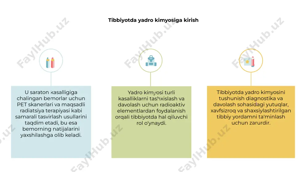 'qimalarga zararni kamaytirish bilan birga saraton hujayralarini yo'q qilishi va yo'q qilishi mumkin. radioizotop terapiyasi saraton hujayralarini o'ldirish uchun radiatsiya chiqaradigan maxsus radioaktiv materiallarni kiritishni o'z ichiga oladi. ushbu maqsadli davolash usullari saratonning turli turlariga qarshi kurashda, bemorlarning hayotini uzaytirishda va natijalarni yaxshilashda ajoyib samaradorlikni ko'rsatdi. yadro kimyosining kuchidan foydalangan holda, shifokorlar saraton kasalligiga qarshi kurashayotganlar uchun yangi umid va hayot sifatini yaxshilaydigan shaxsiylashtirilgan va aniq davolash usullarini taqdim etib, individual bemorlarga davolash rejalarini moslashtira oladi. diagnostikada pozitron emissiya tomografiyasi (pet). 1 2 3 2 yadro kimyosi tibbiyotda invaziv bo'lmagan diagnostika vositasi bo'lgan pet tasviri orqali hal qiluvchi rol o'ynaydi. bu hujayra darajasida kasalliklarni aniqlash uchun radioaktiv izlagichlardan foydalanishni o'z ichiga oladi. 1 pet skanerlari pozitron chiqaradigan radiotraserlarning tarqalishini o'lchash orqali anormal hujayra faolligini aniqlashga yordam beradi. bu shifokorlarga mumkin bo'lgan sog'liq muammolarini erta aniqlashga imkon beradi, bu esa yanada samarali davolash rejalariga olib keladi. 3 yadro reaktsiyalarining kuchidan foydalangan …