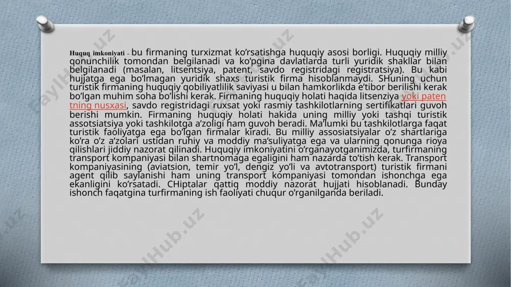 qilinganda depozit asos solgan tomonga qaytariladi. xorijiy firmalar bilan hamkorlikda depozitning ikki shakli mavjud. birinchisi-bu xaridorga yil davomida ko’rsatiladigan xizmat to’lovi hisobiga qo’shiladi. bunday depozit yil boshida o’tkaziladi. uning (10-15 foiz) hajmi shartnoma tuzayotgan tomonlar shartlariga ko’ra belgilanadi. yil oxirida u so’nggi operatsiyada hisoblanishi mumkin. depozitning ikkinchi shakli har bir turistik xizmat uchun qo’llaniladi, ko’pincha turistik guruhlarni qabul qilishda: bu holatda depozit har bir kelgan guruhga kelishilgan vaqtda va kelishilgan hajmda (50-60 foiz) o’tkaziladi. hamkor bilan hisobda shunga e’tibor berish kerakki, turagent qarz olgan mablag’dan depozit mablag’ hajmi ko’p bo’lmasligi kerak. turistik korxonalar potentsial turagentni puxta tanlashi, uning ishonchliligini va ish faoliyatini o’rganishi va undan keyingina u bilan agentlik bitimini tuzishi kerak. turizmda turistik korxonalar hamkorlarni maxsulotga qo’yilgan sotish masalalari va xususiyatlaridan kelib chiqqan holda tanlaydilar, ular hamkorlarni tanlashda quyidagi omillarni e’tiborga olishlari lozim; - turlarning amaliy yo’nalishi (dam olish, biznes safarlari, ov va boshqalar); - huquq va burch ko’lami; …
