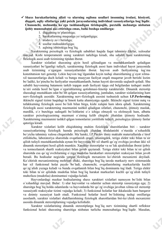 uchun tipik hisoblangan, faoliyat usullarida namoyon bo`ladigan, shaxsning turli sharoitlarga munosabati bilan belgilanadigan individual psixologik xususiyatlari yig`indisi tushuniladi. xarakter xususiyatlarining namoyon bo`lishi har bir tipik vaziyat, hissiy kechinmalarning individual o`ziga xos xususiyati shaxs munosabatlariga bog`liq. xarakterning intellektual, hissiy va irodaviy xislatlarini ajratish mumkin. xarakter deganda shaxsda muhit va tarbiya ta`sirida tarkib topgan va uning irodaviy faoliyatida, atrofdagi olamga o`z-o`ziga bo`lgan munosabatlarida namoyon bo`ladigan individual xususiyatlarni tushunamiz. xarakterning juda ko`p xususiyatlari odamning ish harakatlarini belgilovchi chuqur va faol moyillik hisoblanadi. mana shu moyilliklarda xarakter xislatlarining undovchilik kuchi namoyon bo`ladi. odam xarakter xislatlarining ana shunday undovchilik kuchi tufayli ko`pincha ob`ektiv sharoitlarga zid ish qiladi va mutlaqo maqsadga nomuvofiq harakat usullarini qo`llaydi. xarakter xislatlari ma`lum tarzda harakat qismlariga, ba`zan esa sharoitga qarama-qarshi harakat qilishga undar ekan, ular hayotiy qiyin daqiqalarda yaxshiroq namoyon bo`ladilar va bu xarakterni, shuningdek barkamol avlodni tarbiyalashning mu?im vazifasidir. shaxsning qa`tiyatlilik, tanqidiylik, fahm- farosat, kuzatuvchanlik kabi xislatlari intellektual, quvnoqlik, mehribonlik …