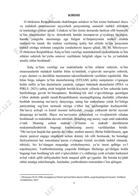 yonlarini takomillashtirishga qo‘yilayotgan yangi, yanada yuqoriroq talablar, shuningdek, talabalarning kasbiy ko‘nikma va malakalarini, yangi pedagogik texnologiyalarni rivojlantirish bilan yangicha fikrlovchi mutaxassisni shakllantirish imkonini beruvchi sharoitlarning ishlab chiqilmaganligi o‘rtasida obyektiv qarama-qarshilik mavjud. har tomonlama barkamol insonni shakllantirish bugungi jamiyatimiz oldida turgan dolzarb masalalardan biri bo‘lib qolmoqda. boshlang‘ich sinflarda qoldiqli bo‘lishni o‘rgatishda. boshlang‘ich sinflarda qoldiqli bo‘lish amali bajarish jarayoni o‘quv bilim jarayoniga matematika o‘qitish bo‘yicha bilim, ko‘nikma va malakalarigina emas balki shaxsning muayyan asosiy faoliyati majmuasi mehnat o‘quv-biluv, kammunikativ-axloqiy va jismoniy-kamolatiga mos keladigan fazilatlarining shakllanishini ham ta’minlaydi. qoldiqli bo‘lish bilan o‘quvchi 3-sinfdan boshlab tanishadilar. bu vaqtgacha o‘quvchi qo‘shish, ayirish, ko‘paytirish va bo‘lish amallarini mukammal o‘rganishlari kerak. qoldiqli bo‘lishni o‘rganishda o‘qituvchi vazifalari quyidagilar: · o‘quvchilarni ko‘paytirish va bo‘lish arifmetik amallarni ma’nosi bilan tanishtirish,ularning ba’zi xossalari (ko‘paytirishning o‘rin almashtirish xossasi, sonni yig‘indiga va yig‘indini songa ko‘paytirish xossasi, yig‘indini songa bo‘lish xossasi) va ular orasidagi mavjud bog‘lanishlar bilan, bu amallar komponentlari bilan natijalari orasidagi o‘zaro …