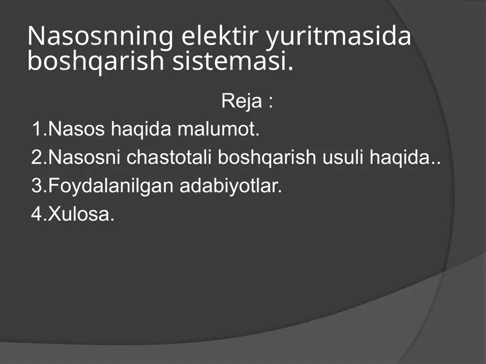 llarni kerakli tezlikda aylantirish va ehtiyojga qarab o`zgartirish mumkun.bu uskunani qullash orqali uch fazali elektr tarmoqlari yetib bormagan joylarda ham qo`llash mumkun.bu bizga elektr energiyasini tejashga,elektr dvigatelni qushish vaqtidagi tokning oniy oshib ketishidan saqlash,mexanizmlarga ortiqcha yuklamani kamaytirish,jarayonni masofadan boshqarish va elektr dvigatelni ish jarayonida ko`proq ma`lumotga ega bo’lish mumkin. zamonaviy asinxron dvigatelning konstruksiyasi ancha oldin ishlab chiqilgan bo‘lib shu kungacha saqlanib qolgan va u hozirda eng arzon va uzoq muddat ishlash qobiliyatiga ega bo‘lgan elektr motorlardan biri bo‘lib hisoblanadi. asinxron dvigatel tezligini rostlash usuli nazariy jihatdan ma’lum bo‘lsada, u uzoq muddat asosan rostlanmaydigan elektr eritmalar uchun qo‘llanilib kelindi. bir vaqtning o‘zida rostlanadigan o‘zgaruvchan elektr yuritmalar yaratish borasida amaliy ishlar olib borildi. asinxron dvigatelni rostlashning ma’lum bo‘lgan barcha usullari ichida (stator cho‘lg‘amidagi kuchlanish o‘zgarishini rostlash, juft qutblar sonini o‘zgartirish, faza rotorli dvigatellar uchun rotor zanjiriga qo‘shimcha qarshilik yoki qo‘shimcha eyuk ulash) faqatgina statordagi kuchlanish chastotasining o‘zgartirish bilan bog‘liq bo‘lgan rostlanadigan elektr …