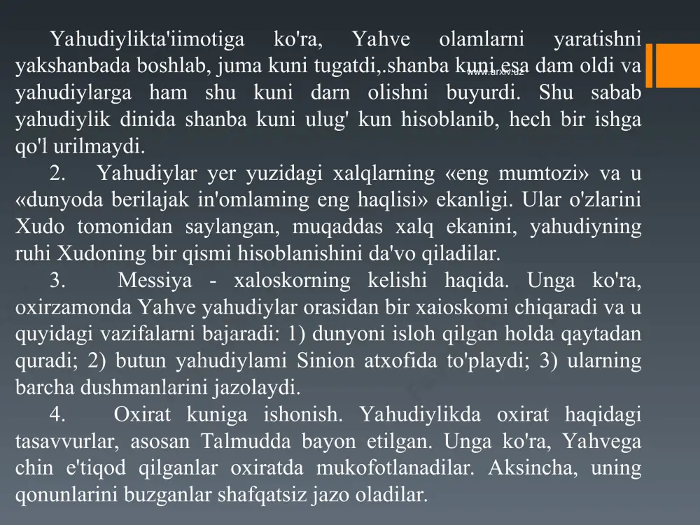 irtxakar] bo'lib yetishgan. vardxamana mil. av. vi asrda (599 y.) hindistonning bixar shtatida boy kshatriy oilasida tug'ildi. otasi siddxardxa jnatrik qishlog'ining kshatriylar sulolasi boshlig'i edi. onasi trisala lichchxavi sulolasidan bo'lgan mashhur podshoh vayshali hukmdori chetakining singlisi edi. magadxi podshohi bimbisara chetakining qizi chillanaga uylangach, vardxamana qudratli magatxi sulolasi bilan qarindosh bo'ldi. buning natijasida uning oldida oliy darajada ta'lim olish, ilm va san'atning barcha sohalari bilan tanishisr imkoni paydo bo'ldi. u yashoda ismli qizga uylandi va undan qiz farzand ko'rdi. aynan mana shu qizining eri jamali maxaviraning birinchi shogirdi, keyinchalik esa, jaynizm ibodatxonasining hinduizmdan ajralib chiqishining tashabbuskori bo'ldi. vardxamana o'ttiz yoshigacha oddiy dunyoviy kishilardek hayot kechirgan. keyin esa barcha mulkidan voz kechib, ko'p yillar sayohat qilgan. www.arxiv.uz www.arxiv.uz s i k x i z m . hozirda sikxizm diniga e'tiqod qiluvchilarning soni 17 mln. atrofida bo'lib, bu dinga bo'lgan qiziquvchilar soni ortib bormoqda. shunisi qizikki, xv asr oxiri yoki xvi asr …