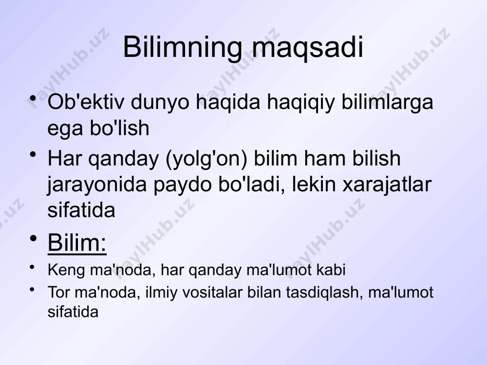 n til - muloqot, mustahkamlash, bilimlarni uzatish vositasidir tushunchalar o'rtasidagi bog'lanishlar o'rnatiladi, umumiy, muhim xususiyatlar va tanish narsalar yoki hodisalarning tabiiy aloqalari aks ettiriladi. sensor bilishning kamchiliklari bartaraf etiladi ? ratsional bilim, hissiy bilimlardan farqli o'laroq: mavzu bo'yicha haqiqiy bilim beradi sezgilarga tayanadi dunyo haqidagi tasavvurlarini kengaytiradi mantiqiy fikrlashdan foydalanadi hissiy bilish jarayonida ratsional bilishdan farqli o'laroq, quyidagilar sodir bo'ladi: 1. obyektni bevosita idrok etish 2. axborotni tizimlashtirish 3. olingan ma'lumotlarni tasniflash 4. tushunchalarni shakllantirish hissiy va ratsionallik o'rtasidagi munosabat sensatsionizm birinchi o'rinda hissiy bilim: "ongda ilgari hislarda bo'lmagan narsa yo'q" ratsionalizm inson bilishi va xulq-atvorining asosi - tuyg'ular ishonchli ma'lumot manbai sifatida inkor etiladi; idrok jarayonida sezgining roli shaxsning haqiqatni to'g'ridan-to'g'ri o'zlashtirib, dalillar bilan asoslanmasdan tushunish qobiliyati tushunish, mantiqiy asoslashga tayanmasdan tushunish faqatgina natija amalga oshadi va o'ziga xos jarayonlar ongdan tashqarida qoladi va ongsizlik sohasida ildiz otadi sezgi ortida isbot va asoslash jarayoni turadi. asosiy xususiyatlar - vazifaning …