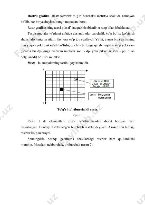 zgartirilib tasvirning aniqlik, tiniqlik darajasi o’zgartiriladi va fayl egallagan hajmi kamaytiriladi. rastrli grafikani tasvirning sifat sig’imiga nisbatan past bo’lgan qurilma (printer)da chop ettirish rasm sifatini pasaytishiga olib keladi. demak rastrli grafikani chop etish qurilmasining sifat sig’imi tasvir sifat sig’imiga nisbatan yuqori bo’lishi tavsiya etiladi. rastrli grafikaning keng tarqalgan formatlari: *.tif, *.gif, *.jpg, *png, *.bmp, *.pcx va b. afzalligi: · rastr grafikasi real obrazlarni effektiv namoyish eta oladi. sifatli rastr tasvirlari foto surat darajasidagi yuqori aniqlikda real va haqqoniy aks ettirilishi mumkin. · rastr tasvirlar chiqarish qurilmalari - asosan lazer printerlarida juda yaxshi chop etiladi. ya’ni rastr grafikasining sifati chop etishda o’zgarmaydi. kamchiliklari: · rastr tasvirlari saqlash qurilmalari (qattiq disk, cd-dvd, fleshka va h.) da ko’p joy egallaydi; · rastr tasvirlarni tahrirlashda kompyuterning xotira resurslari - xususan tezkor xotirada ko’proq joy talab etiladi; · rastr tasvirlarni tahrirlash mehnat talab va mashaqqatli; · rastr tasvir masshtablashtirilganda tasvir sifati o’zgaradi. qo’llanish sohasi: · …