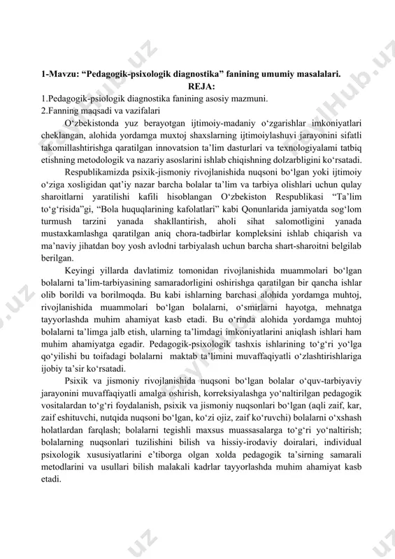 .anoxinning funksional tizimlar haqidagi konsepsiyasi qo‘llaniladi. a.r.luriyaning ko‘rsatishicha, funksional tizim bolani tug‘ilish davrida tayyor holda bo‘lmasdan, balki uning psixik funksiyalari predmetlar hamda materiallar bilan o‘zaro munosabatga kirishganida shakllanib boradi. l.s.vigotskiy nuqsonlarni tuzilishini sistemaliligi haqidagi fikrlari unga anomal rivojlanishni ikki guruhga ajratish imkonini beigan. bu kasallikning biologik harakteriga ko‘ra kelib chiqadigan birlamchi nuqson, bolaning ijtimoiy rivojlanishida, uning atrof- olam o‘zaro munosabatlarida yuzaga keladigan ikkilamchi nuqsondir. anomal rivojlanish birlamchi nuqsonning kelib chiqish vaqti va uni ifodalanishining qay darajada og‘irligi bilan aniqlanadi. ikkilamchi nuqsonlarning shakllanish mexanizmi turli xil bo‘lishi mumkin, ammo unda doimo ijtimoiy omillar muhim rol o‘ynaydi. ko‘ruv, eshituv organlarining yoki bosh miyaning u yoki bu tuzilmalaridagi jarohatlar natijasida kelib chiqadigan nuqsonlar harakteri, chuqurligi bo‘yicha turli toifadagi rivojlanishida nuqsoni bo‘lgan bolalarda turlicha bo‘ladi. biroq ushbu holatlarning umumiy tomoni shundaki, ularning barchasi bolani keyingi rivojlanishiga o‘z ta’sirini ko‘rsatib boradi. psixodiagnostik va psixologo-pedagogik kooreksion ta’sirning obyekti bo‘lib asosan ikkilamchi nuqsonlar xisoblanadi. bir qancha yyetakchi …