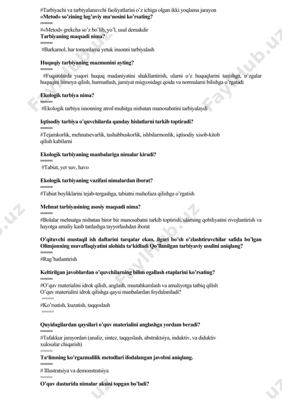shga o’rgatadi ekologik tarbiya nima? ==== #ekologik tarbiya isnonning atrof-muhitga nisbatan munosabatini tarbiyalaydi iqtisodiy tarbiya o’quvchilarda qanday hislatlarni tarkib toptiradi? ==== #tejamkorlik, mehnatsevarlik, tashabbuskorlik, ishbilarmonlik, iqtisodiy xisob-kitob qilish kabilarni ekologik tarbiyaning manbalariga nimalar kiradi? ==== #tabiat, yer suv, havo ekologik tarbiyaning vazifasi nimalardan iborat? ==== #tabiat boyliklarini tejab-tergashga, tabiatni muhofaza qilishga o’rgatish mehnat tarbiyasining asosiy maqsadi nima? ==== #bolalar mehnatga nisbatan biror bir munosabatni tarkib toptirish, ularning qobiliyatini rivojlantirish va hayotga amaliy kasb tanlashga tayyorlashdan iborat o’qituvchi mustaqil ish daftarini tarqatar ekan, ilgari bo’sh o’zlashtiruvchilar safida bo’lgan olimjonning muvaffaqiyatini alohida ta‘kidladi qo’llanilgan tarbiyaviy usulini aniqlang? ==== #rag’batlantirish keltirilgan javoblardan o’quvchilarning bilim egallash etaplarini ko’rsating? ==== #o’quv materialini idrok qilish, anglash, mustahkamlash va amaliyotga tatbiq qilish o’quv materialini idrok qilishga qaysi manbalardan foydalaniladi? ==== #ko’rsatish, kuzatish, taqqoslash ==== quyidagilardan qaysilari o’quv materialini anglashga yordam beradi? ==== #tafakkur jarayonlari (analiz, sintez, taqqoslash, abstraktsiya, induktiv, va diduktiv xulosalar chiqarish) ==== ta‘limning ko’rgazmalilik metodlari …
