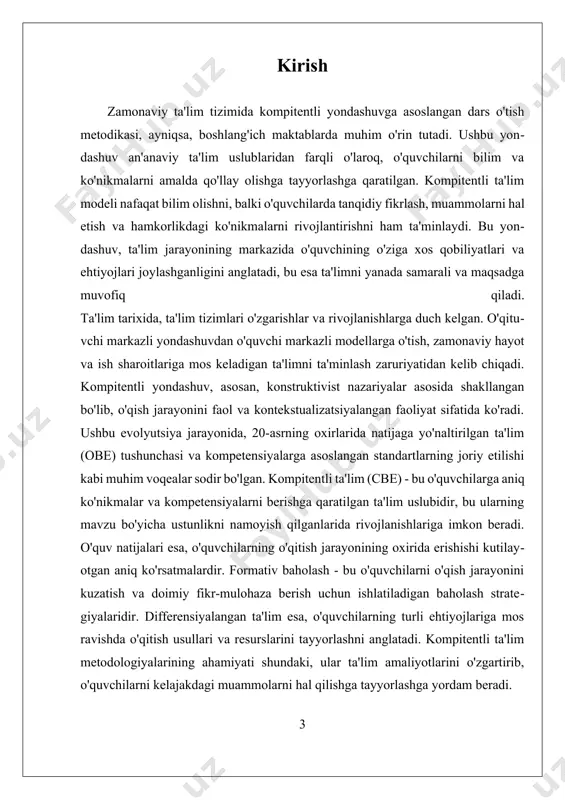 nikmalar va qobiliyatlarni rivojlantirishga hissa qo'shiladi. i. kompitentli ta'limning pedagogik asoslari kompitentli ta'limning pedagogik asoslari zamonaviy ta'lim tizimining asosiy tamoyilidir. ushbu yondashuv, ta'lim jarayonida o'quvchilarning faolligini oshirish, ularning muammolarni hal qilish qobiliyatini rivojlantirish va hayotiy ko'nikmalarini shakllantirishga qaratilgan. ta'lim jarayonida kompetensiyalarni rivojlantirish pedagogik asoslar bilan to'la integratsiyalangan bo'lishi kerak. bunda o'qitish metodikasi o'quvchilarning individual imkoniyatlariga moslashtiriladi va ularning o'z-o'zini rivojlantirishiga ko'maklashadi. kompitentli ta'limning asosiy pedagogik tamoyillari quyidagilardan iborat: 1. **o'quvchiga yo'naltirilgan yondashuv**: bu yondashuvda o'quvchi markazda bo'lib, o'qituvchi uning ehtiyojlari, qiziqishlari va darajasiga mos ravishda ta'lim jarayonini tashkil etadi. bu esa o'quvchilarning o'z bilim va ko'nikmalarini mustaqil ravishda qo'llash va rivojlantirish imkoniyatini beradi. 2. **amaliy mashg'ulotlar**: kompetensiyalarni rivojlantirishda amaliy mashg'ulotlarning ahamiyati katta. o'quvchilar nazariy bilimlarni amalda qo'llash orqali ko'nikmalarini mustahkamlashlari va muammolarni hal qilishda tajriba orttirishlari mumkin. masalan, loyiha asosidagi o'qitish usullari o'quvchilarning jamoaviy ishlash qobiliyatini va ijodkorligini rivojlantiradi. 3. **differentsiyalangan ta'lim**: o'quvchilarning o'ziga xos xususiyatlarini hisobga olish va ta'lim …