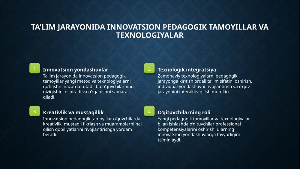 haqiqat - bu texnologiyalar muhitda amaliy tajriba va vizualizatsiya imkoniyatlarini oshiradi, ta'limda ko‘nikma va tushunishni mustahkamlashga yordam beradi. 4 sun'iy intellekt va mashina o‘rganish - bu texnologiyalar shaxsiylashtirilgan ta'limni rivojlantiradi, o‘quvchilarning ehtiyojlariga mos keladigan o‘quv materiallari va izohlash imkonini beradi. raqamli vositalar yordamida o‘quvchilarning muammolarini hal etish usullari. 1 interaktiv vositalar raqamli platformalar va ilovalar yordamida o‘quvchilar muammolarini aniqlash va hal qilishda interaktivlikni oshiradi, shuningdek, shaxsiylashtirilgan yondashuvlarni ta'minlaydi. 2 ma'lumotlarni tahlil qilish raqamli vositalar yordamida o‘quvchilarning o‘rganish jarayonidagi muammolari statistik tahlil qilinadi, bu esa individual ehtiyojlarga mos yechimlar ishlab chiqishga yordam beradi. 3 onlayn hamkorlik virtual muhitda o‘qituvchilar va o‘quvchilar o‘rtasida hamkorlikni rivojlantirib, muammolarni tez va samarali hal qilish imkoniyatlarini kengaytiradi. mobil ilovalar va platformalar orqali ta'limni interaktiv qilish. interaktiv platformalar mobil ilovalar imkoniyatlari ta'limda innovatsiyalar mobil ilovalar va platformalar yordamida o‘quvchilar bilan o‘zaro aloqani kuchaytirish mumkin. bu usul ta'lim jarayonini yanada qiziqarli va samarali qiladi. mobil ilovalar orqali o‘quv …