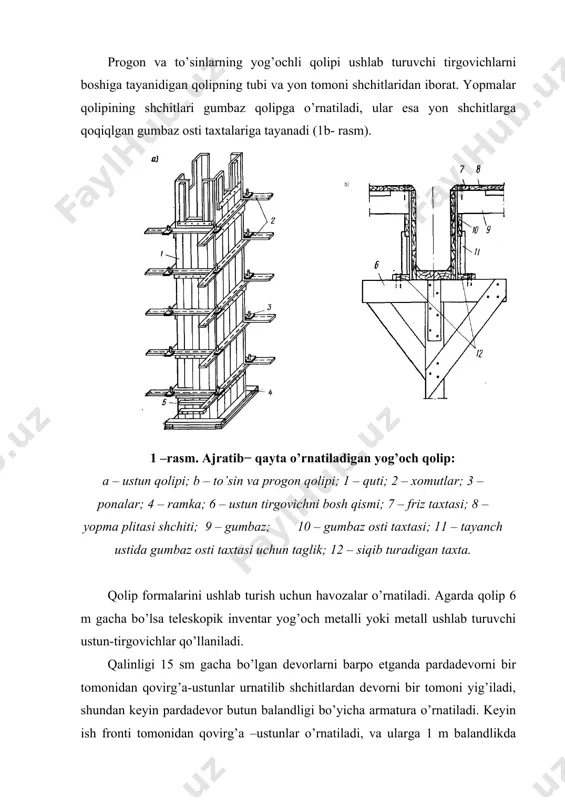 era yoki qatlamli plastik; 7 – taxtali siyrak to’shama; 8 – shveller tortqilar; 9 − 20×30 mm li brus qistirmalar; 10 – pona; 11 – kosinka-o’rama; 12 – shayba; 13 – taranglovchi ilmoq. 3-rasm -. sniiomtp ning unifikatsiyalashgan po’lat qolip konstruksiyasi a – qolip detallari; b – zinasimon poydevor qolipining umumiy ko’rinishi; 1 – asosiy shchitlar; 2 – burchak shchiti; 3 – yuk ko’taruvchi ferma; 4 – qisqich korpusi; 5 – pona; 6 – tortqi. 4-rasm. ustunlar osti poydevori uchun metalli blok forma: 1- ustun osti qolip (forma) i; 2- domkratlar. po’lat qolipni ugolniklar, shvellerlar va qalinligi 2 mm tunuka listlardan tayyorlanadi. yaxshi foydalanilganda uni aylanishi 200 martagacha bo’lishi mumkin, yog’och inventar qoliplarni aylanishi 10-15 martadan ortmaydi. unifikatsiyalashgan qolipning konstruksiyasi yuzasi 35 m2 gacha bo’lgan yirik o’lchamli panellarni yig’ish, hamda bikir qolip yoki armatura-qolipli bloklar yig’ish imkonini beradi (3-rasm). panelli yoki blokli qoliplar, yirik o’lchamli ko’rilmalarda va katta hajmdagi betonlash …