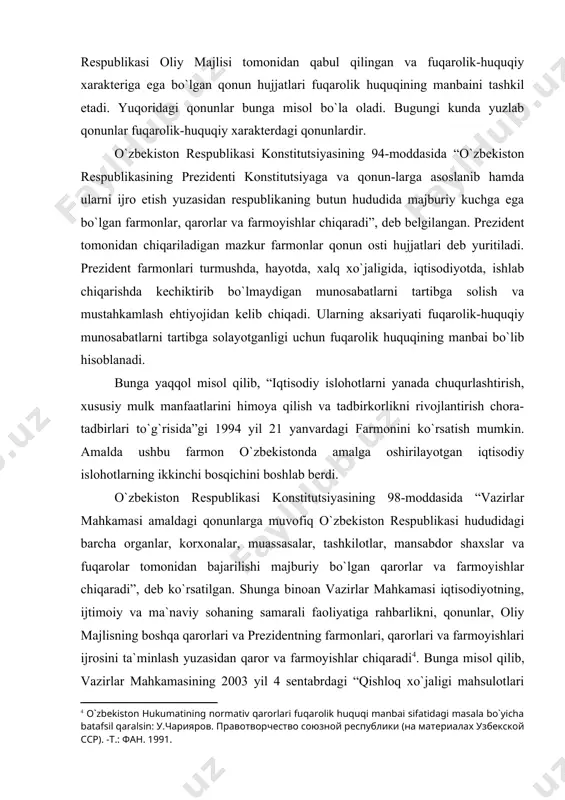 ”gi nizomni tasdiqlash haqida qabul qilingan 383-sonli qarorini keltirish mumkin._ respublika vazirliklari, davlat qo`mitalari, idoralari o`z nizomlari asosida chiqargan tegishli normativ hujjatlari ham fuqarolik huquqi manbalari hisoblanadi. ayniqsa, fuqarolik huquqi sohasida moliya, tashqi iqtisodiy aloqalar, xorijiy investitsiyalar va savdo vazirligi, qishloq va suv xo`jaligi vazirliklari, davlat mulk qo`mitasi, “o`zbekengilsanoat” uyushmalari birmuncha ko`proq me`yoriy hujjatlar chiqaradilar. ular tomonidan chiqarilgan me`yoriy hujjatlar mazkur soha uchun umummajburiy tusda bo`ladi. viloyat, tuman va shahar hokimliklari o`ziga berilgan vakolatlar doirasida tegishli hududdagi barcha korxonalar, muassasalar, tashkilotlar, birlashmalar, shuningdek mansabdor shaxslar va fuqarolar tomonidan bajarilishi zarur bo`lgan fuqarolik-huquqiy xarakterga ega bo`lgan qarorlar qabul qiladilar. bunday qarorlar ham fuqarolik huquqining manbalari hisoblanadi. fuqarolik qonun hujjatlarida tegishli normalar bo`lmagan taqdirda, bu munosabatlarni tartibga solishda mahalliy odat va an`analar qo`llaniladi (fkning 6-moddasi). tadbirkorlik faoliyatining biron-bir sohasida vujudga kelgan va keng qo`llaniladigan xulq-atvor qoidasi biron-bir hujjatda yozilgan – yozilmaganidan qat`i nazar, ish muomalasi odati hisoblanadi. fuqarolik qonun hujjatlarida tegishli normalar …
