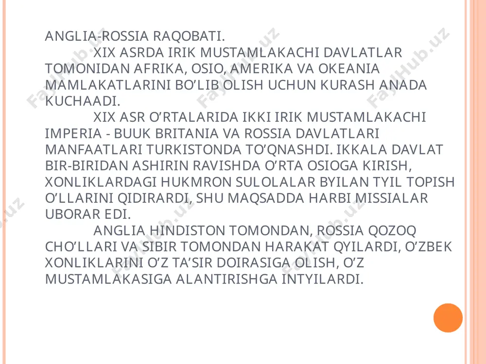 nni paxta xomashyosi etishtiradigan bazaga aylantirish rossiya agrar siyosatining bosh maqsadi, deb belgilandi. 1885-1916 - yillarda paxta ekiladigan yer maydoni 40 ming tanobdan 550 ming tanobga ko’paydi. turkiston xomashyo bazasida savdo-sanoat yuritish, zavod-fabrikalar qurishga intiluvchilarga rus-osiyo banki, moskva savdogarlar banki, rossiya davlat banki pul qarz berib turdi. . 1908 - yilda o’lkada 378 ta sanoat korxonalari faoliyat yuritgan bo’lsa, 1917 - yilda ularning soni buxoro amirligi va xiva xonligida qurilgan korxonalarni ham qo’shib hisoblaganda 1200 taga etgan etishtirilayotgan xom-ashyoni tashib ketish maqsadida temir yo’l qurilishini boshlab yubordi 1880-1889 – yillarda o’rta osiyo temir yo’li, 1890-1905 – yillarda toshkent-orenburg temir yo’li qurildi turkistonni doimiy egasi bo’lish uchun «ko’chirish» siyosatini qo’llandi. 1875 - yildayoq avliyoota tumanida 8 ta rus qishlog’i vujudga kelgan bo`lsa, 1910 124 taga yetdi. o’lkaning barcha hosildor yerlari rossiyaning daromad manbaiga aylantirildi. yer solig’i xix asr oxirida 4 million so’mni tashkil etgan bo’lsa, 1916 - yilda 38 million so’mdan …
