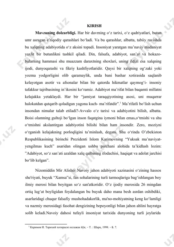 igi, badiiy dahosi zamon va makon chegaralarini bilmasligi haqida doimo faxrlanib so‘z yuritamiz. alisher navoiy xalqimizning ongi va tafakkuri, badiiy madaniyati tarixida butun bir davrni tashkil etadigan buyuk shaxs, milliy adabiyotimizning tengsiz namoyondasi, millatimizning g‘ururi, sha'nu sharafini dunyoga tarannum qilgan o‘lmas so‘z san'atkoridir. ta'bir joiz bo‘lsa, olamda turkiy va forsiy tilda so‘zlovchi biron bir inson yo‘qki, u navoiyni bilmasa, navoiyni sevmasa, navoiyga sadoqat va e'tiqod bilan qaramasa"2. navoiyning "xazoyin ul-maoniy", "devoni foniy", "nazm ul-javohir" kabi she'riy asarlari, "xamsa", "lison ut-tayr" kabi dostonlari, "mahbub ul-qulub", "tarixi muluki ajam", "tarixi anbiyo va hukamo", "nasoyim ul- muhabbat" kabi asarlarida inson odobi, xulq-atvori, yaxshilik va yomonlik, vafo va xiyonat, rostgo‘ylik va yolg‘onchilik, saxovat va baxillik, adolat va zulm kabi ko‘plab tushunchalar tasvirlab berilgan. bu asarlardagi har bir mavzu yetuk, komil insonlarni tarbiyalashda muhim o‘rin tutadi. navoiy "xamsa"si, "lison ut-tayr", "mahbub ul-qulub", "tarixi anbiyo va hukamo", "tarixi muluki ajam" asarlarida 2 karimov i.a. yuksak ma'naviyat …