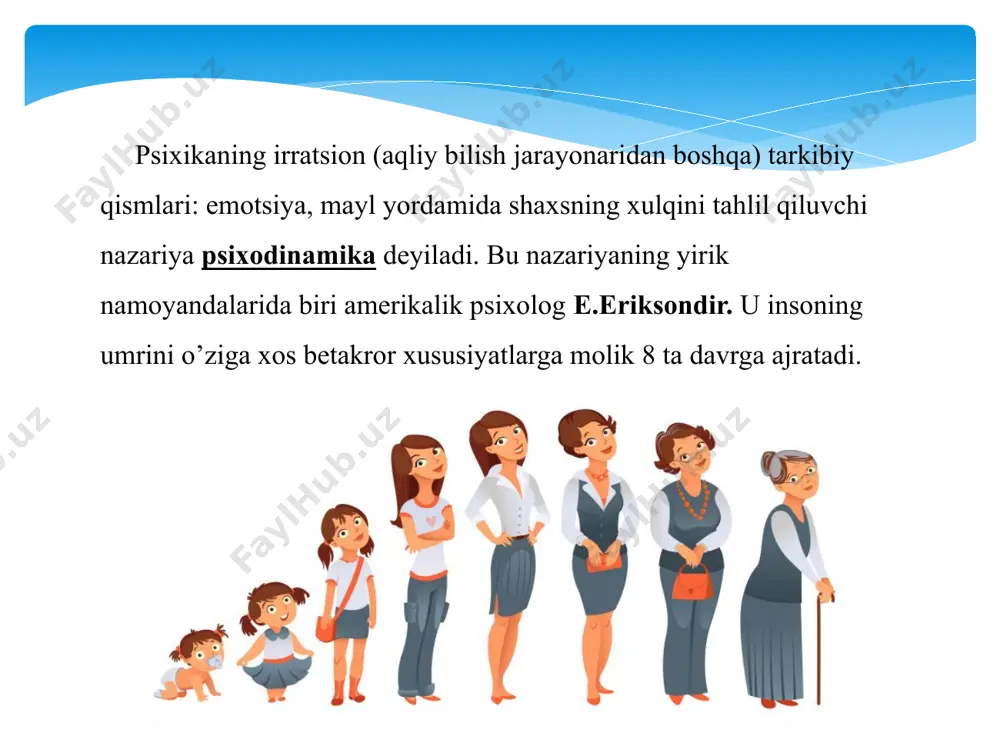 bu yosh davrning salbiy jihatlari (illatlari) ham bo�lib, ular ijobiy hislatlari etarli bo�lmasligi, ong hayotning barcha qirralarini qamrab ololmasligi, muammolarni hal qilshda aql-zakovat darajasining pastligi, bilimlarni o�zlashtirishdagi qoloqlik va hokazolardir. xuddi shu davrdagi shaxsning mehnatga munosabati shakllana boshlaydi. beshinchi davr - o�’spirinlik betakror xislati, o’�ziga xosligi, boshqa odamlardan keskin farqlanishi bilan xarakterlanadi. shuningdek, o’�spirinlik davrida shaxs sifatida noaniqligi muayyan rolni uddalamaslik, qat�iyatsizlik singari salbiy sifatlarga ham egadir. mazkur davrning eng muhim xususiyati �rolini kechiktirish�ning o’�zgarishi hisoblanadi. u ijtimoiy hayotda bajarayotgan rollarning ko�’lami kengayadi, lekin ularning barchasini jiddiy egallash imkoniyatiga ega bo’�lmaydi, shuningdek, rollarda o’�zini sinab ko�’rish bilan cheklanadi, xolos. erikson o’�spirinlarda o’�zini o’�zi anglashning psixologik mexanizmlarini batafsil tahlil qiladi, unda vaqtni yangicha his qilish, psixoseksual qiziqish, patogen (kasallik qo�’zg�atuvchi) jarayonlarni va ularning turli ko’�rinishlari namoyon bo’�lishi bayon qiladi. oltinchi davr - yoshlik boshqa jinsga psixologik intim yaqinlashuv qobiliyati va ehtiyoji vujudga kelishi bilan ajralib turadi. bunda ayniqsa, jinsiy mayl alohida …