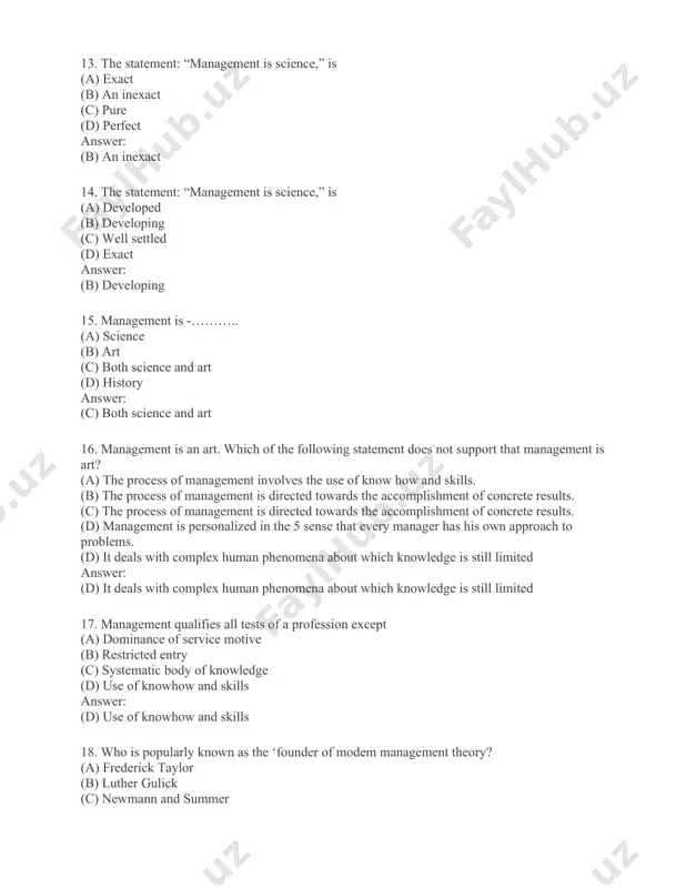 nder of modem management theory’ (a) german (b) french (c) greek (d) american answer: (b) french 20. planning is deciding in advance – s (a) what is to be done (b) how is to be done (c) when it is to be done (d) all of above answer: (d) all of above 21. which of the following is the preparatory step for actions and helps in bridging the gap between the present and the future? (a) controlling (b) directing (c) motivating (d) planning answer: (d) planning 22. which of the following comprises determination and laying down of objectives, policies, procedures, rules, programmes, budget, and strategies? (a) motivating process (b) planning process (c) controlling process (d) directing process answer: (b) planning process 23. which of the following is fundamental function of management and all other functions of management are greatly influenced by it? (a) controlling (b) directing (c) motivating (d) planning …