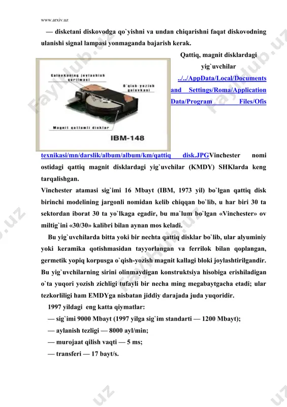 li formatlash diskni ishlatish jarayonida buzuq sektorlarga murojaat qilishni inkor qilish uchun ularni markirovka qilib ham chiqadi.../../appdata/local/documents and settings/roma/application data/program files/ofis texnikasi/mn/darslik/album/album/km/232_____.jpg maksimal sig`im va qiymatlarni uzatish tezligi yig`uvchi ishlaydigan interfeysga bog`liqdir (diskli interfeyslar oldingi paragrafda ko`rib chiqilgan). standart aylanish tezligi masalan, eide interfeysi uchun — 3600, 4500 va 5400 ayl/min. protsessorning disklar bilan malumotlar almashish tezligini oshirish uchun qmdy ni kеshlash kerak, disklar uchun kеsh xotira asosiy xotira uchun kеshning funktsional vazifasi kabi vazifaga еgadir, ya`ni diskka yozilayotgan yoki undan o`qilayotgan ma`lumotlarni qisqa vaqt saqlash uchun tez harakatlanadigan xotira buferi bo`lib xizmat qiladi. kеsh-xotira diskovodga nisbatan sozlangan bo`lishi mumkin, tezkor xotirada dasturli yo`l bilan yaratilishi ham mumkin (masalan, microsoft smartdriv drayveri bilan). protsessorning disk kеsh-xotirasi bilan ma`lumotlarni almashish tezligi 100 mbayt/s ga etishi mumkin. shkda odatda bitta, kam hollarda bir nechta qattiq magnit disklardagi yig`uvchilar bo`ladi. lekin ms dosda dastur vositalari bilan bitta fizik disk bir nechta «mantiqiy» disklarga …