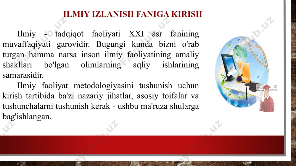 arni ilmiy bilimlar bilan tanishtirish, ilmiy-tadqiqot ishlarini olib borishga tayyorligi va qobiliyatini shakllantirish, talabalarning ilmiy-tadqiqot faoliyati ko'nikmalarini rivojlantirishdir. fanning vazifalari: tafakkur va ilmiy-tadqiqot jarayonining xususiyatlarini o'rganish; tadqiqot jarayoni metodologiyasini o'rganish; ilmiy tadqiqotning asosiy usullarini o'zlashtirish; axborotni qidirishning oqilona usullari va yo’llarini o'zlashtirish; ilmiy qidiruv texnologiyalarini o'zlashtirish. ilmiy izlanishlarning tarixi birinchi ilmiy bilimlar ishlab chiqarish va rivojlantirish jarayonlar bir-biri bilan chambarchas bog'liq bo'lgan dastlabki insoniyat jamiyatlarining amaliy faoliyatida qo'llanilgan. shuning uchun bilim dastlab amaliy xarakterga ega bo'lib, inson faoliyatining o'ziga xos turlari uchun uslubiy qo'llanmalar rolini o’ynagan. ilmiy izlanishlarning tarixi qadimgi sharq mamlakatlarida (misr, hindiston, xitoy) kelajakdagi fan uchun muhim bo'lgan katta miqdordagi bilimlar to'plangan. ushbu davrda ilmiy faoliyat sub'ektini tadqiq qilish va ko'paytirishni tashkil etish bilan bog'liq birinchi belgilar paydo bo'ladi. ilmiy jamoalar, ilmiy-tadqiqot va o'quv muassasalari vujudga keladi va birlashadi. masalan, qadimgi misrda o'ziga xos yuqori ilmiy muassasa – “hayot uyi" mavjud bo'lib, u erda ishlab chiqarish va intellektual …