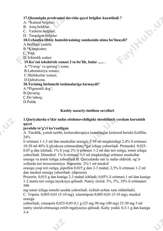 ir ichiga tomchi usulda yuboriladi. (ichish uchun xam ishlatiladi). c. tripsin. 0,005-0,01 (5-10 mg), ximotripsin 0,005-0,01 (5-10 mg), muskul orasiga yuboriladi, ximopsin 0,025-0,05-0,1 g (25 mg-50 mg-100 mg) 25-30 mg 5 ml natriy xlorid eritmasiga eritib ingalyasiya qilinadi. kaliy yodid. 0,3-1 g dan kuniga 3-4 mahal ichiladi (sut yoqi kisel bilan ichgan maqul) laziks. 0,25 gtomir ichiga 15 ml fizielogik eritma qushib asta-sekin yuboriladi. d. *javoblarning hammasi to’g’ri. 2.burundan suv kelishi. hamshira tashxisi asosida parvarishlash rejasini tuzing. 3.ayolda homildorlik belgilari,ovqat istemol qilishga bog`liq bo`lmagan qayt qilish,ta`m va sezgilarni buzilishi, so`lak ko`p ajralishi bo`lsa onada qanday fiziologik holat kuzatilayapti? a. jinsiy a`zolarni yallig`lanishi b.homildorlik toksikozi. s.o`tkir gastirit d. o`tning ya`llig`lanishi e.o`tkir endometrit 4.umumiy qon tahlilida aniqlanmaydi a. qondagi gemoglobin miqdori b. qondagi leykositlar miqdori c. echt d. qon guruhi. 5.bemor 70 yosh to‘satdan bemorda bosh aylanishi, yurak tez urishi, savollarga aniq javob berolmasligi, karaxtlik, ko‘ngil aynish holati kuzatildi. tekshirilganda a/b 140/100 …