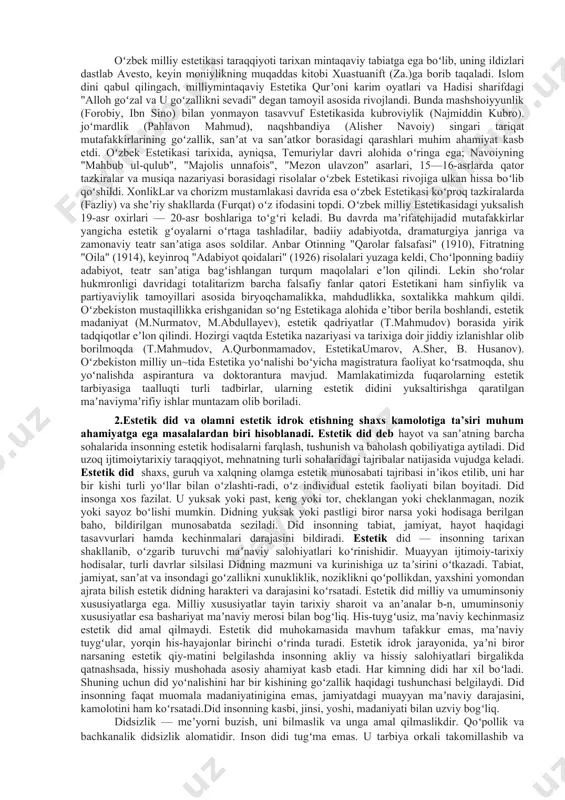 or yo‘nalish sifatida ko‘zga tashlanadi. ayniqsa, iqtisodiyot va bozor munosabatlarida go‘zallikni qiymat kasb etuvchi mexanizmga aylanishi tamoyili sohaga estetik tamoyillar kirib kelayotganligini ko‘rsatadi. “falsafa. qomusiy lug‘ati”da “prinsip” tushunchasining ma’nosi “turli ahamiyatga ega bo‘lgan faktlar va bilimlar majmuining asosi, poydevori; har qanday xatti-harakat, xulq-atvor va faoliyatning boshlang‘ich qoidalari” deb izohlangan. ushbu izoh estetika fanining prinsiplariga xos mazmunni ham anglatadi. odatda, estetikaning quyidagi an’anaviy prinsiplari mavjud. bular: 1.uyg‘unlik (garmoniya) tamoyili; 2.yaxlitlik (butunlik) prinsipi; 3.ifodalilik (obrazlilik) prinsipi; 4.maqsadga muvofiqlik prinsipi. ushbu prinsiplar orasida estetik munosabatlarda ko‘proq ko‘zga tashlanadigan uyg‘unlik va maqsadga muvofiqlikning mohiyati haqida quyidagi fikrlarni aytish mumkin. “estetika” iborasini ilmiy muomalaga kiritilganiga ham uch yarim asrdan ortiq vaqt o‘tdi. bu vaqt oralig‘ida estetika dunyo faniga aylandi, jahonda bu fanni rivojlantirish, uning ilmiy-nazariy muammolarini o‘rganishga qaratilgan yirik tadqiqotlar amalga oshirildi. ayniqsa, mamlakatimizda estetika ilmi, ta’limi va tarbiyasini rivojlantirish, estetik dunyoqarashni boyitish masalalari doimiy e’tiborda bo‘lib keldi. estetika tarixining ibtidosi somir (shumer), bobil, qadimiy …