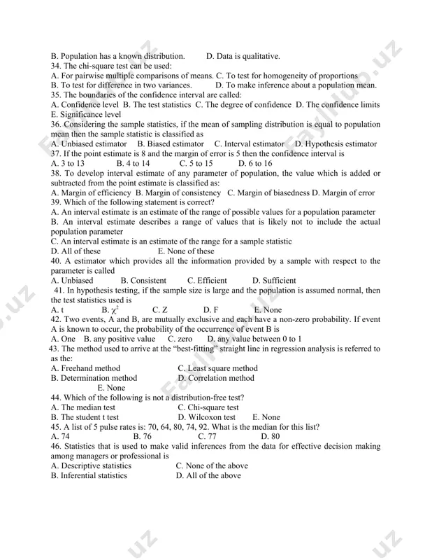 rameter b. the confidence level of that parameter d. the point estimate of that parameter 27. which statement is not true about the 95% confidence level? a. confidence intervals computed by using the same procedure will include the true population value for 95% of all possible random samples taken from the population. b. the procedure that is used to determine the confidence interval will provide an interval that includes the population parameter with probability of 0.95. c. the probability that the true value of the population parameter falls between the bounds of an already computed confidence interval is roughly 95%. d. if we consider all possible randomly selected samples of the same size from a population, the 95% is the percentage of those samples for which the confidence interval includes the population parameter. 28. branch of statistical inference which assumes that the underlying population distribution is known is a. parametric …