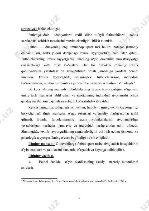 lantirishga yordam beradi. to‘p bilan ishlash futbolchilarning to‘p bilan ishlash qobiliyati o‘yin davomida muhim rol o‘ynaydi. bu ko‘nikma, to‘pni zarba bilan yo‘naltirish, to‘pni to‘g‘ri qabul qilish, uzatish va qabul qilish kabi amaliyotlarni o‘z ichiga oladi. futbolchi to‘pni har xil yo‘nalishlarda boshqarish va jismoniy harakatlar bilan moslashtirishni bilishi kerak. · dribling: to‘pni nazorat qilish va raqiblarni o‘tkazib yuborish uchun zarur bo‘lgan texnik ko‘nikma. · pas berish: jamoa a'zolariga aniq va samarali pas berish, shuningdek, to‘pni qabul qilish. · zarba berish: to‘pni o‘zgartirish, gol urish yoki raqibning hujumlarini to‘xtatish uchun zarba berish. tezkor o‘yin va qaror qabul qilish futbolda tezkor qarorlar qabul qilish juda muhimdir. futbolchilar o‘yin vaqtida to‘pni qanday uzatish, kimga pas berish, qaysi yo‘nalishga hujum qilish yoki himoyaga o‘tish haqida tez va to‘g‘ri qarorlar qabul qilishlari kerak. · tezkor qaror qabul qilish: futbolchi to‘pni tezda qanday yo‘naltirishni va raqibning harakatlarini oldindan taxmin qilishni bilishi lozim. · vaziyatni tahlil qilish: raqibning …