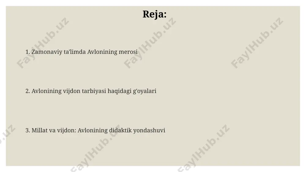 iy fazilatni o'z ichiga olgan vatanparvarlik tarbiyasi tushunchasi keng yoritiladi. avlonining pedagogik merosi avlonining “tarbiya” asarida 5 yoshdan 15 yoshgacha bo‘lgan bolalar uchun 3 bosqichli tarbiya tizimi taklif qilingan bo‘lib, bu tizim axloqiy va ma’naviy kamol topishga qaratilgan. uning asarlarida maktab ta’limi bilan oilaviy tarbiyaning uyg‘unlashuvi muhim ahamiyatga ega bo‘lib, bolaning intellektual va axloqiy rivojlanishiga 2 tomonlama ta’sir ko‘rsatishi ta’kidlanadi. pedagogik merosida milliy o‘zlikni anglash, vatanparvarlik, insonparvarlik kabi 7 ta muhim fazilatni tarbiyalashga alohida e’tibor qaratiladi. avlonining tarbiya falsafasi avlonining tarbiya falsafasida 3 bosqichli yondashuv: oila, maktab, jamiyat ta'kidlanib, har birining tarbiyaviy vazifalari aniq belgilab berilgan. avlonining fikricha, milliy ong va qadriyatlarni mustahkamlash tarbiyaning muhim tarkibiy qismi bo'lib, ularni 7 ta asosiy yo'nalish orqali amalga oshirish mumkin. uning asarlarida 12 yoshgacha bo'lgan bolalar uchun alohida tarbiya uslublari, axloqiy fazilatlarni shakllantirishga qaratilgan 5 ta asosiy tamoyil bayon etilgan. vijdon erkinligi tushunchasi uning fikricha, vijdon erkinligi 100% mutlaq emas, balki ijtimoiy tartib-intizom …