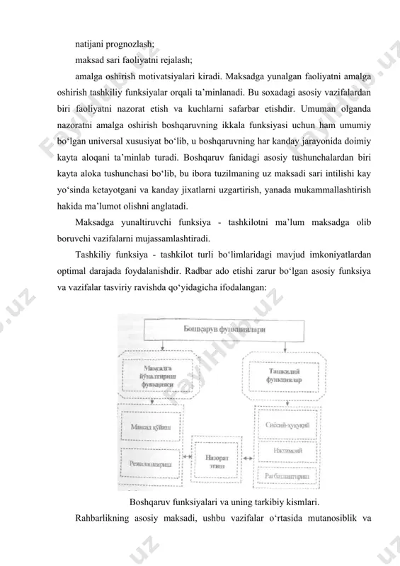 lishtirib borishdan iboratdir. • siyosiy-xukukiy funksiya: tashkilot xodimlarining jamiyatda qabul qilingan qonun va huquklar doirasida faoliyat yuritishlarini nazorat etadi va ta’minlaydi. • ijtimoiy funksiya: ijtimoiy xodisalar (turli kasb faoliyati va ularga xak tulash tafovutlari, ijtimoiy adolatni tatbiq etish, ijtimoiy ximoyaga muxtoj xodimlarning mavjudligi. • raxbatlantirish funksiyasi: ijro harakatlari meyorda utishini ta’minlashdan iborat bо‘lib, moddiy va ma’naviy ragbatlantirish vositalarini uz ichiga oladi. boshqaruv maksadi va vazifalari boshqaruv munosabatlarini keltirib chikaradi va boshqaruv psixologiyasi aynan shu munosabatlar tarkibini urganadi. boshqaruv psixologiyasining predmeti va vazifalari. kо‘rib utganimizdeq boshqaruv psixologiyasi boshqaruv maksadi va vazifalarni amalga oshirish davomida boshqaruv' subyekti va obyekta о‘rtasida yuzaga keluvchi munosabatni talkin etadi. mazkо‘r munosabat tizimining tashkiliy kismlari uzaro itoatdaligi bilan harakterlanadi. tizim ichida amal kiluvchi itoat tamoyili boshqaruv fanida subordinatsiya deb ataladi va bu ibora orqali tizimning markazlashganligi nazarda tutiladi. boshqaruvdagi subordinatsiya va kordinatsiya munosabatlari tashkilot miqyosidagi vertikal va gorizontal aloqalarni ajratish zaruratini tugdiradi. demak vertikal al okal ar …