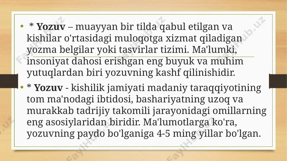 hushyorlik» tushunilgan. ierogliflar – bu qadimiy misr (va b.) yozuvining belgilari bo'lib, ular bir nechta yoki bir nechta tovushni bildirgan. jan-fransua shampolon 1822-yilning 14-sentabrida o'ziga xos usul yaratdi. unga ko'ra har qanday sirli eski misr iyeroglifik matnlarni o'qish mumkin. qadimgi misr maktabida maktabda o'qitish pullik edi, shuning uchun boy insonlargina bolalarini o'qitishi mumkin edi. maktabda faqat o'g'il bolalar o'qitilardi. o'qish muddati 5 yildan 17 yil bo'lgan. ta'limning asosiy maqsadi yozuv san'ati va matematik-kitobni yaxshi biladigan amaldorlarni tayyorlash bo'lgan. fonografik (grekcha phone - tovush, grafho - yozaman) yozuv turi jamiyat taraqqiyoti natijasida shakllandi. bunday fonografik yozuv tilning nafaqat grammatik tuzilishini, balki uning fonetik tuzilishini, ya'ni so'zning tovush tarkibini ham aks ettirar edi. o'rta osiyodagi xalqlar, jumladan, o'zbek xalqi o'tmishda turli yozuvlardan foydalangan. bu yozuvlar o'z sistemasiga ko'ra fonografik - harf- tovush yozuvidan iborat bo'lgan. masalan, so'g'd, pahlaviy, o'rxun-yenisey (runik), uyg'ur, arab kabi yozuvlar shular jumlasidandir. bu yozuvlarning barchasi ham oromiy yozuvi …