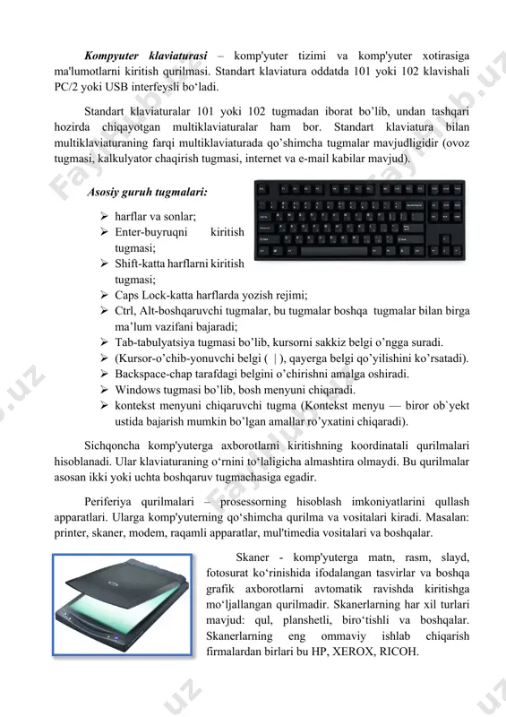 isoblash imkoniyatlarini qullash apparatlari. ularga komp'yuterning qo‘shimcha qurilma va vositalari kiradi. masalan: printer, skaner, modem, raqamli apparatlar, mul'timedia vositalari va boshqalar. skaner - komp'yuterga matn, rasm, slayd, fotosurat ko‘rinishida ifodalangan tasvirlar va boshqa grafik axborotlarni avtomatik ravishda kiritishga mo‘ljallangan qurilmadir. skanerlarning har xil turlari mavjud: qul, planshetli, biro‘tishli va boshqalar. skanerlarning eng ommaviy ishlab chiqarish firmalardan birlari bu hp, xerox, ricoh. digitayzer – kodlash plansheti, maxsus dasturiy ta'minot yordamida qullaniladi, professional chizmalarni shakllantirishga imkoniyatga ega. raqamli fotokamera – fotosurat va video ma'lumotlarni qabul qilish, uzatish va saqlash qurilmasi. printer – ma'lumotlarni qog‘ozga chiqaruvchi qurilma. barcha printerlar matnli ma'lumotlarni, ko‘pchiligi esa rasm va grafik ma'lumotlarni rangli ko‘rinishda qog‘ozga chiqaradi. printerlarning quyidagi turlari mavjud: · matrisali · purkovchi · lazerli plotter grafik ma'lumotlarni (grafik, chizma, rasmlar) maxsus qog‘ozga chop etuvchi qurilma. hewlett packard va canon firmalar tomonidan ishlab chiqilgan plotterlar xozirgi kunga kelib ommabop hisoblanadi. modem – modulyator-demodulyator so‘zlarining qisqartirilgan shakli hisoblanadi. …