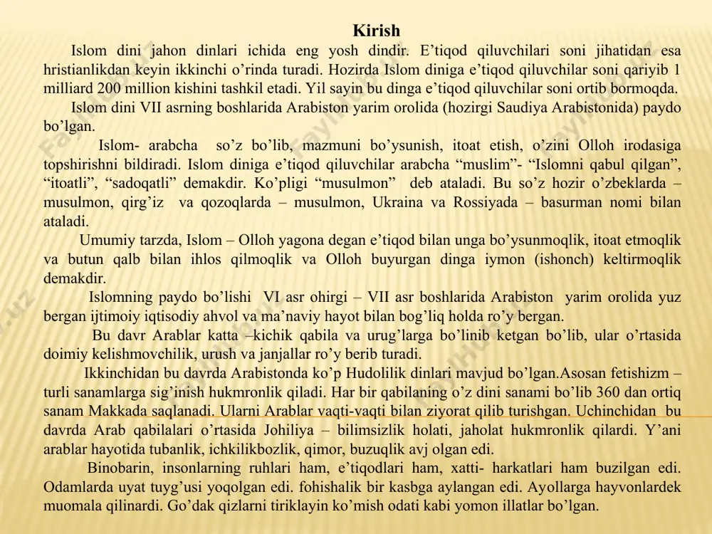 ’ani arablar hayotida tubanlik, ichkilikbozlik, qimor, buzuqlik avj olgan edi. binobarin, insonlarning ruhlari ham, e’tiqodlari ham, xatti- harkatlari ham buzilgan edi. odamlarda uyat tuyg’usi yoqolgan edi. fohishalik bir kasbga aylangan edi. ayollarga hayvonlardek muomala qilinardi. go’dak qizlarni tiriklayin ko’mish odati kabi yomon illatlar bo’lgan. shunday qilib, islomdan ilgari arabistonda qonunsizlik, ahloqsizlik, zo’ravonlik hukm surgani uchun ham keyingi avlod o’sha davrni haqli ravishda johiliya davri deb atagan va undan qutilishning najot yo’li kerak edi. bunday holatlarga, ayniqsa bo’linib ketgan arab qabilalari o’rtasidagi o’zaro nizo va urushlarga barham berish uchun siyosiy,iqtisodiy, ma’naviy jihatdan birlashgan yagona arab davlatini vujudga keltirishni davr taqazo etmoqda edi. bunga esa yagona hudoga e’tiqod qilish orqali erishish mumkin bo’lar edi. bu davrda islomning paydo bo’lishi uchun g’oyaviy muhit ham yetilib borayotgan edi. chunonchi haniflar – chinakam e’tiqod qiluvchilar, haqiqat izlovchilar diniy harakati bunga yaqqol misol bo’la oladi. haniflar arab qabilalarini birlashitirish jarayonining g’oyaviy ifodachisi edilar. ular yakka hudoga …