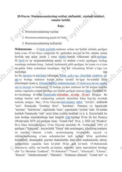mehmonxonalarning vazifasi, sinflanishi, rejalash talablari, xonalar tarkibi — PDF