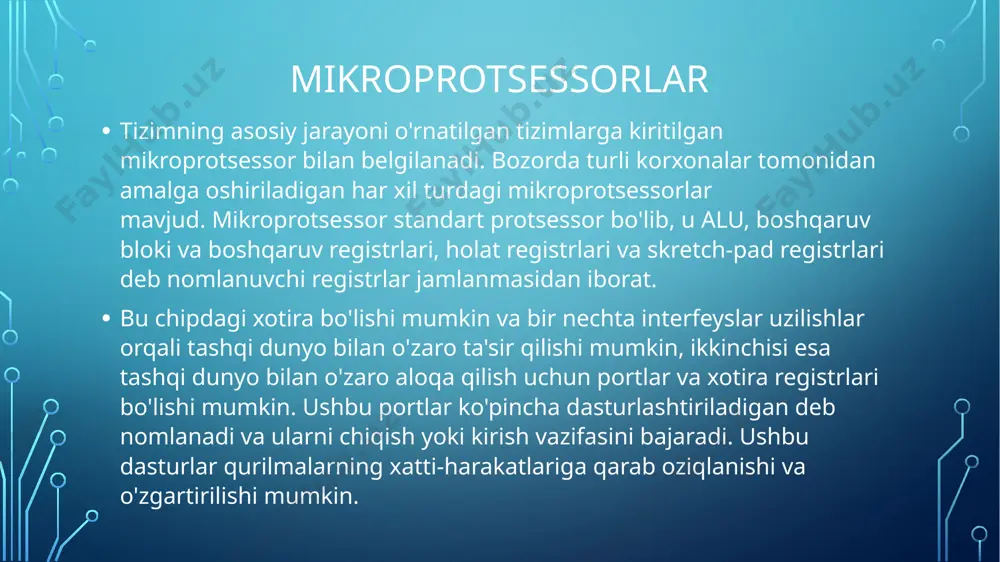 bajariladi, shu bilan birga har bir protsessor o’zining xotirasidan foydalanadi (ma’lumotlarni yuklash initsializatsiya jarayonida bajariladi). bunday, fon-neyman prinsipidan farqli bo’lgan yechimni simd arxitekturasi deb nomlangan. nazariya va amaliyot bir-biriga mos kelmagan. chunki bunday tizimni qurishning bahosi astronomik summa bo’lib ketgan. natijada faqat bitta blok qurilgan, u qvv sonlar bilan 50mln amal/sek hisoblash bajargan. agar 4 ta blokni ham qurib, ishga tushirganda 1 mlrd amal/sek tezlikka erishib, butun dunyodagi kopmyuterlarning barchasidan unumdorroq bo’lar edi. illiac iv kompyuterining matritsali protsessori matritsali protsessorlar matritsali protsessorlarining ikki turi bor: 1.biriktirilgan massiv protsessor; 2.simd massiv protsessorlari; biriktirilgan massiv protsessor :raqamli hisoblash vazifalarida asosiy kompyuterning ishlashini yaxshilash uchun unga yordamchi protsessor biriktirilgan. biriktirilgan massiv protsessorida ikkita interfeys mavjud: 1.umumiy protsessorga kirish chiqish interfeysi. 2.mahalliy xotira bilan interfeys. biriktirilgan matritsali protsessorni asosiy kompyuterga ulanishi simd matritsali protsessor simd massiv protsessori: bu parallel ravishda ishlaydigan bir nechta ishlov berish bloklariga ega kompyuter. fon-neyman arxitekturasidan anchagina farq qiladigan ushbu …