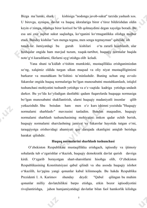 ni sharhlash tushunchasi o’zbekiston respublikasi mustaqillikka erishgach, iqtisodiy va ijtimoiy sohalarda tub o‘zgarishlar o‘tkazish, huquqiy demokratik davlat qurish davriga kirdi. o‘zgarib borayotgan shart-sharoitlarni hisobga olib, o‘zbekiston respublikasining konstitutsiyasi qabul qilindi va shu asosda huquqiy islohot o‘tkazilib, ko‘pgina yangi qonunlar kabul kilinmoqda. bu hakda respublika prezidenti i. a. karimov shunday deydi: "qabul qilingan bu muhim qonunlar milliy davlatchilikni barpo etishga, erkin bozor iqtisodiyotini rivojlantirishga, jahon hamjamiyatidagi davlatlar bilan faol hamkorlik kilishga qaratilgandir". bu qonun va boshqa normativ-huquqiy aktlarni, har bir normani hayotga tatbiq qilish, qo‘llash, ya’ni ular bilan jamiyatda, kishilar o‘rtasidagi turli ijtimoiy munosabatlarni tartibga solish muhimdir. buning uchun xar bir tatbiq etiladigan normaning mohiyati va mazmunini to‘g‘ri tushunib, anglab olish va sharhlash juda katta ilmiy va amaliy ahamiyatga egadir. huquqiy normalar hayotda to‘g‘ri ko‘llanib, ular orqali davlat organlari, korxonalar, muassasalar, tashkilotlar, mansabdor shaxslar va fukarolar o‘rtasida turli ijtimoiy munosabatlar tartibga solinadi. shuning uchun huquqiy normani hayotga tadbiq etishda shu huquqiy …