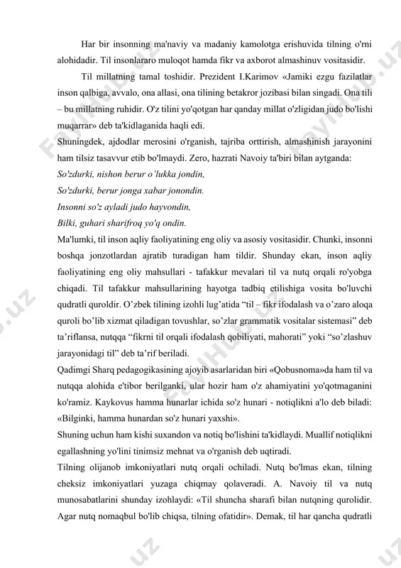 hun ham kishi suxandon va notiq bo'lishini ta'kidlaydi. muallif notiqlikni egallashning yo'lini tinimsiz mehnat va o'rganish deb uqtiradi. tilning olijanob imkoniyatlari nutq orqali ochiladi. nutq bo'lmas ekan, tilning cheksiz imkoniyatlari yuzaga chiqmay qolaveradi. a. navoiy til va nutq munosabatlarini shunday izohlaydi: «til shuncha sharafi bilan nutqning qurolidir. agar nutq nomaqbul bo'lib chiqsa, tilning ofatidir». demak, til har qancha qudratli zo'r bo'lmasin, u nutq uchun qurol sifatida xizmat qiladi. uning kuch-qudrati nutq jarayonida namoyon bo'ladi. agar til o'q bo'lsa, nutq kamondir. o'qning qudrati kamonning qobiliyatiga ham bog'liq. til millatning noyob xazinasi bo'lib, doimo og'zaki va yozma holda namoyon bo'lgan. boy, yorqin, maroqli nutq, u kim bo'lishidan qat'iy nazar, inson nuri hisoblangan. nutq madaniyati juda katta va keng soha bo'lib, u bolaning kundalik oddiy salom-aligidan tortib, kimga nimani, qachon, qaerda va qanday so'zlashigacha bo'lgan barcha nutqiy jarayonlarni o'z ichiga oladi. nutq madaniyati faqat nutqni egallash yo'llarini emas, balki undan foydalanish madaniyatini ham …